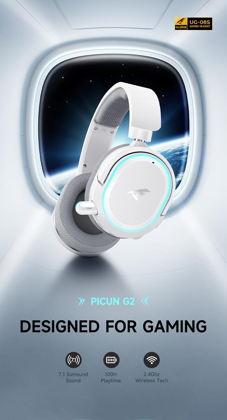 Picun G2  Wireless Gaming Headset  for PC PS5 PS4 Mac Switch,  7.1 Surround Sound 100-Hr 2.4Ghz USB Gaming Headphones, Bluetooth 6.0 & Type-C, Noise Canceling Mic, RGB Light, Ideal for FPS, RPG Gamers, Not for Xbox