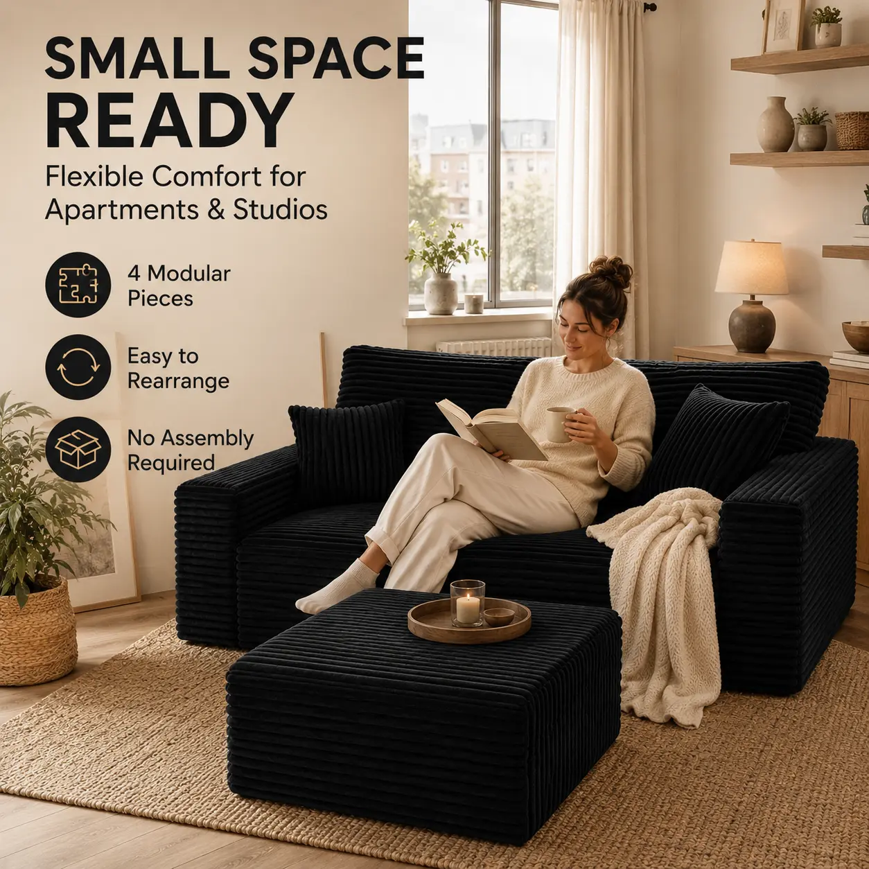 Gray 3-in-1 Modular Boneless Sofa with Memory Foam & Storage Ottoman