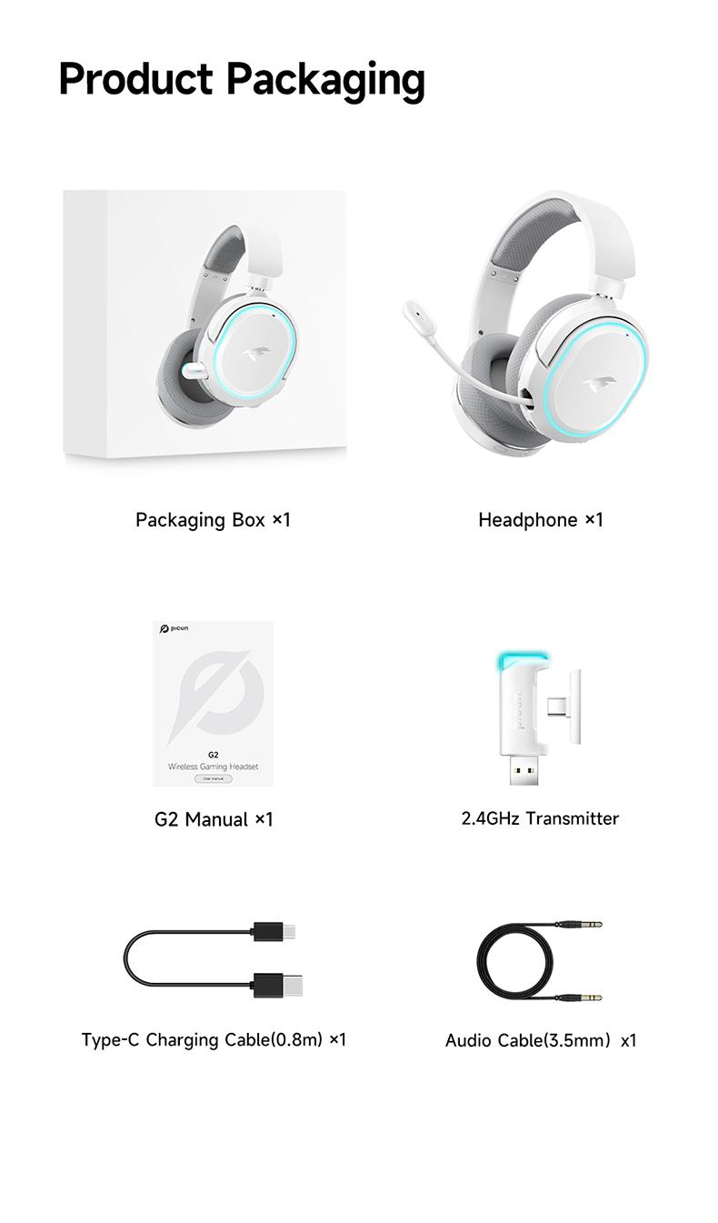 Picun G2  Wireless Gaming Headset  for PC PS5 PS4 Mac Switch,  7.1 Surround Sound 100-Hr 2.4Ghz USB Gaming Headphones, Bluetooth 6.0 & Type-C, Noise Canceling Mic, RGB Light, Ideal for FPS, RPG Gamers, Not for Xbox