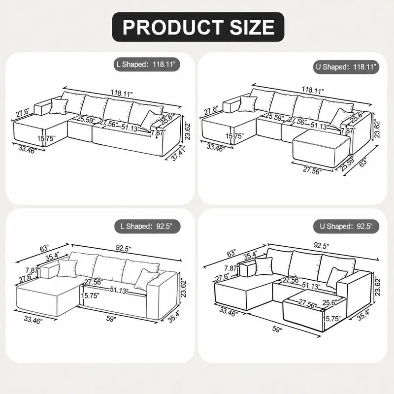 Gray 3-in-1 Modular Boneless Sofa with Memory Foam & Storage Ottoman