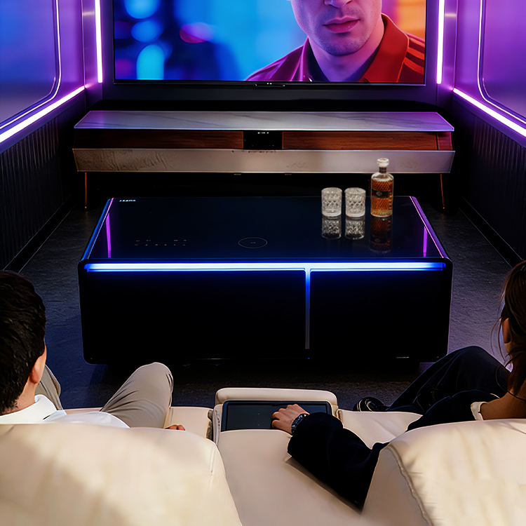 Wooden TB90 Max Coffee Table Cooler with Speaker, Fridge Freezer Touch Screen, Wireless Charging and RGB Lighting