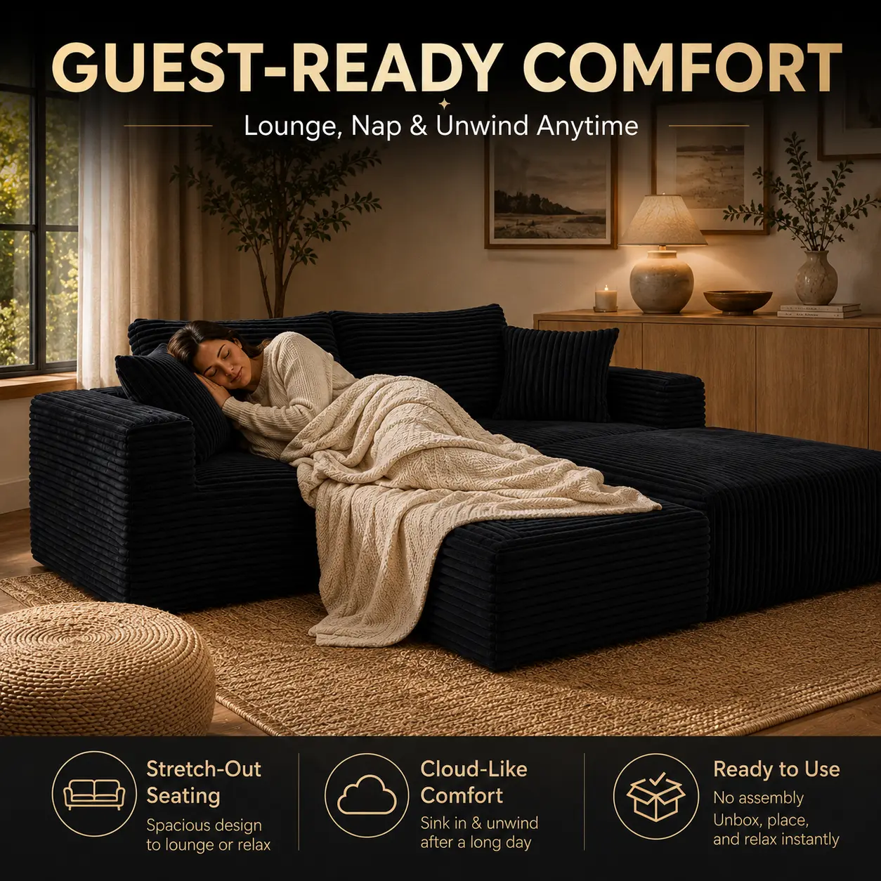 Gray 3-in-1 Modular Boneless Sofa with Memory Foam & Storage Ottoman