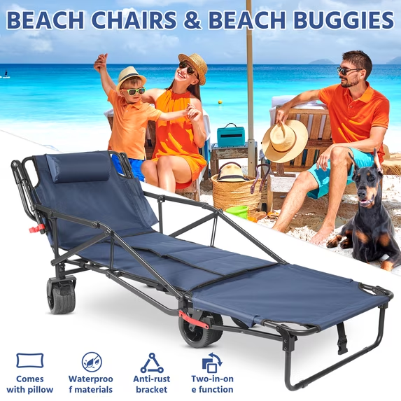 🏖️ 2-in-1 Folding Beach Wagon & Lounge Chair - Relax, Carry & Enjoy Every Outdoor Adventure