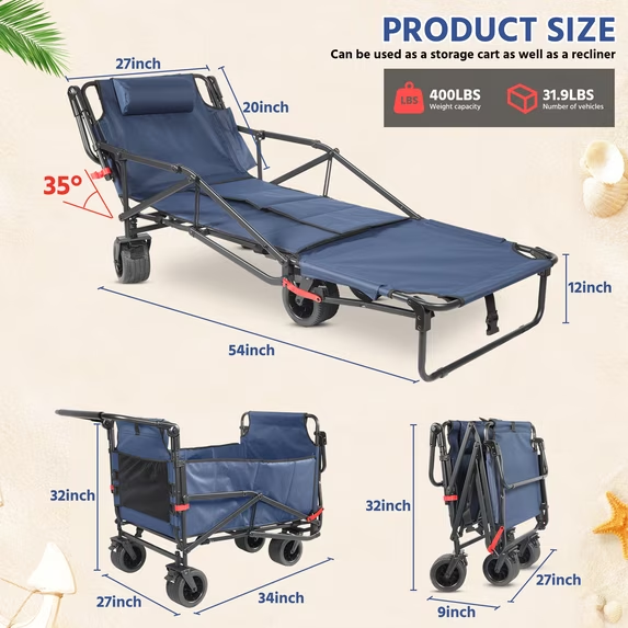 🏖️ 2-in-1 Folding Beach Wagon & Lounge Chair - Relax, Carry & Enjoy Every Outdoor Adventure