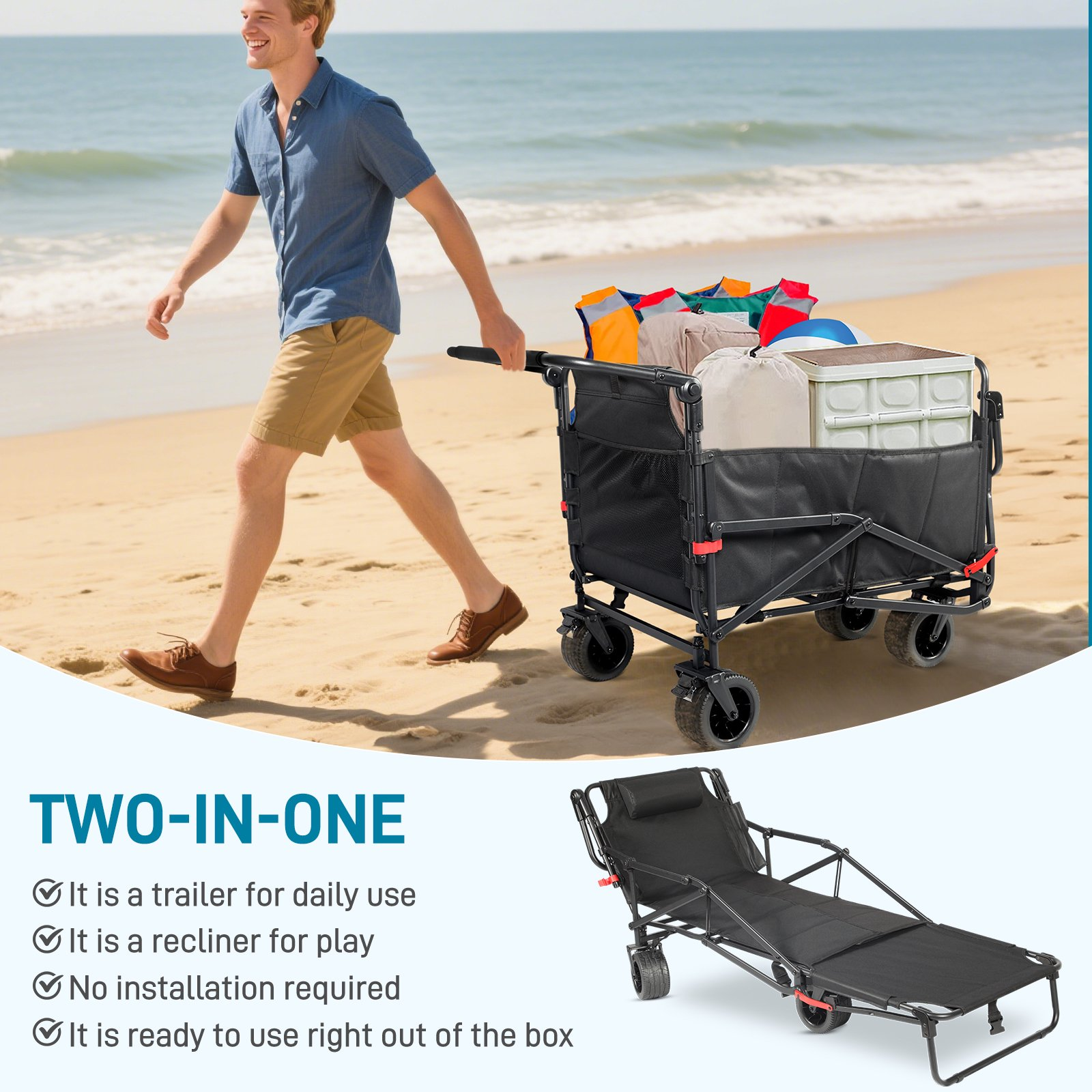 🏖️ 2-in-1 Folding Beach Wagon & Lounge Chair - Relax, Carry & Enjoy Every Outdoor Adventure