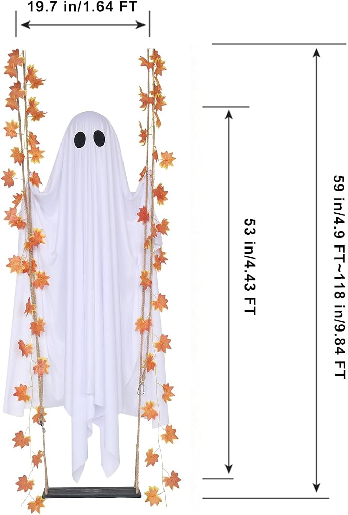 Halloween Glowing Ghost Swing Decoration – Lighted Hanging Ghost with Maple Leaf Vines for Indoor & Outdoor Yard Decor