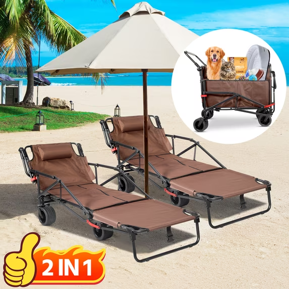 🏖️ 2-in-1 Folding Beach Wagon & Lounge Chair - Relax, Carry & Enjoy Every Outdoor Adventure