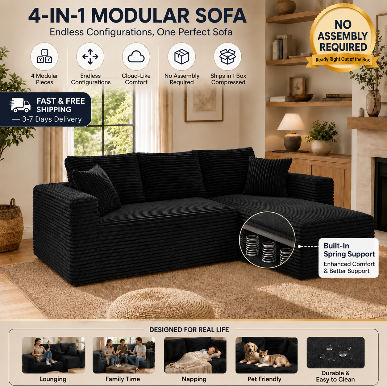 Gray 3-in-1 Modular Boneless Sofa with Memory Foam & Storage Ottoman