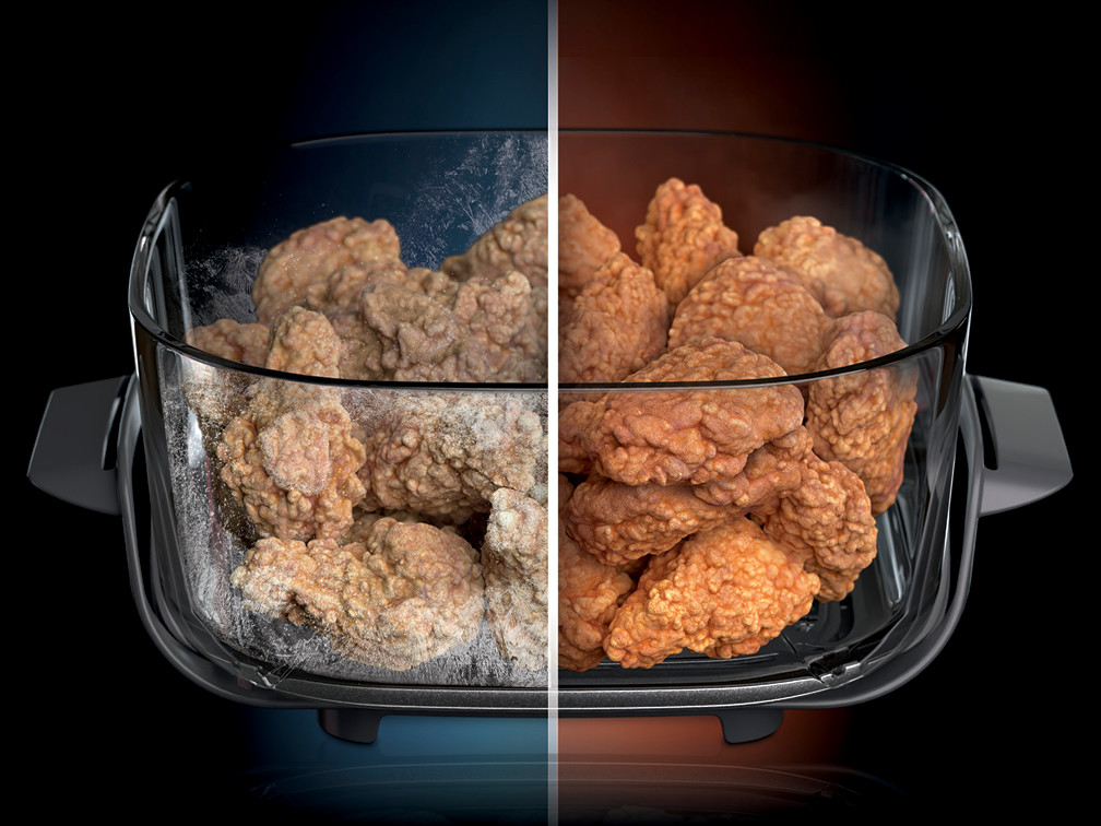 Frozen and crisp chicken shown in a glass container