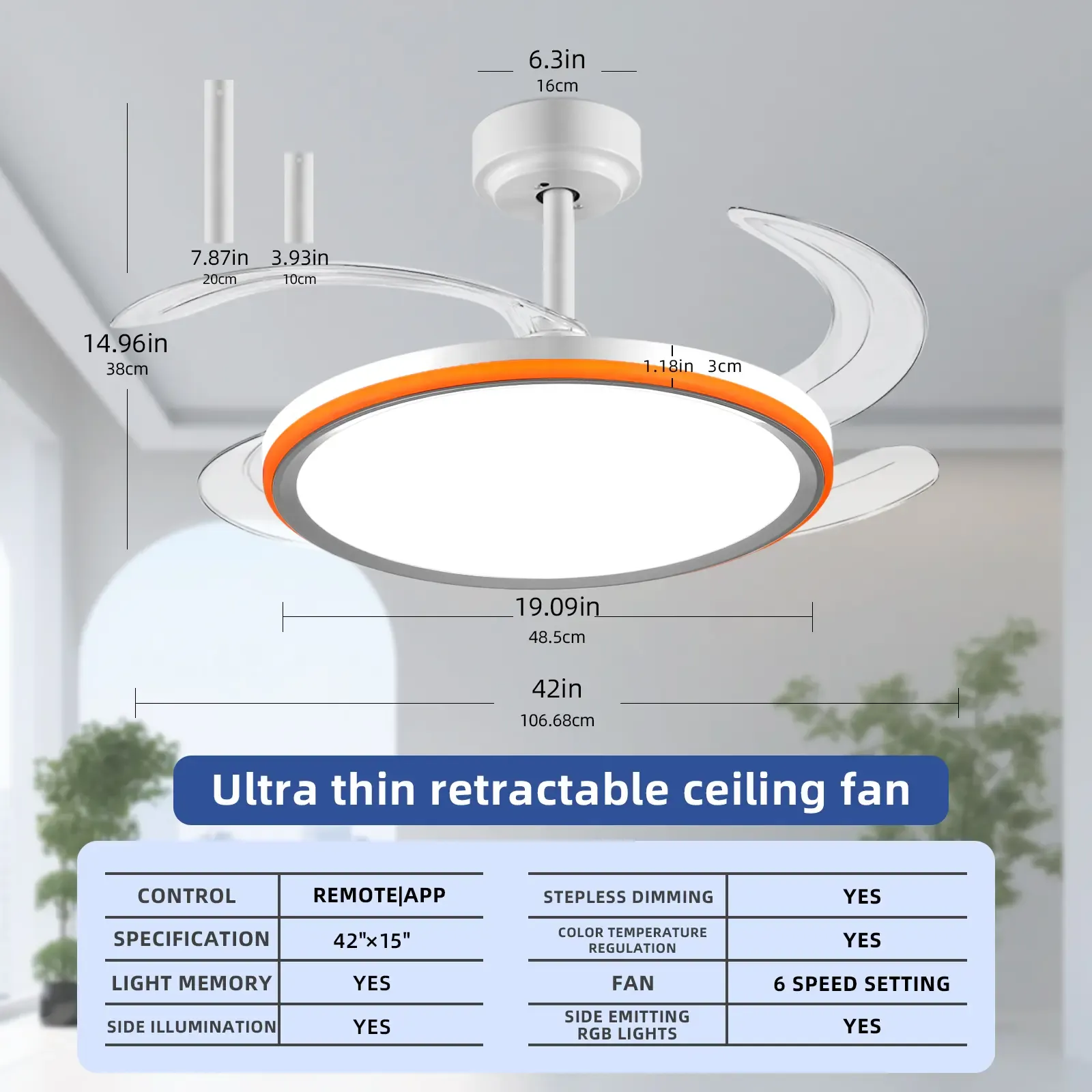 42 Inch Slim Invisible Ceiling Fan with RGB Lights-Ventilador de Techo con Luz LED