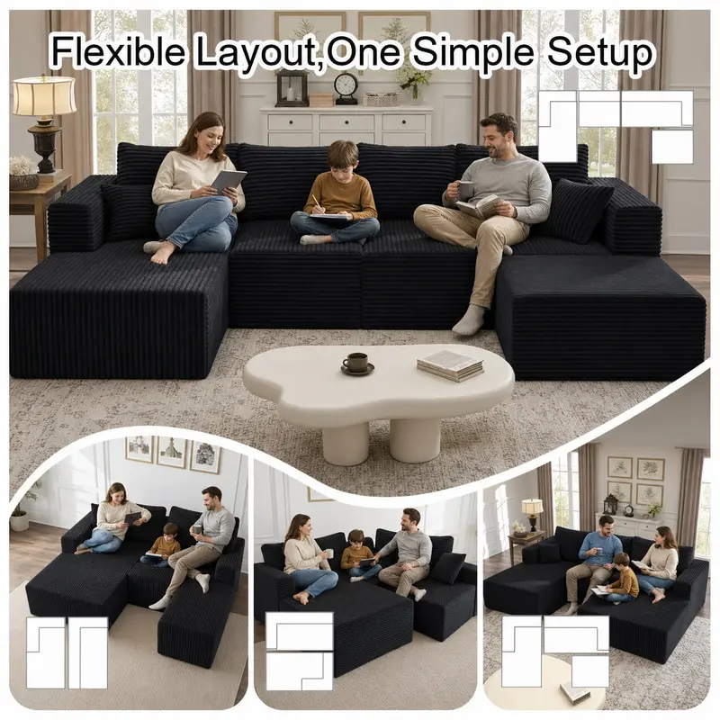 Gray 3-in-1 Modular Boneless Sofa with Memory Foam & Storage Ottoman