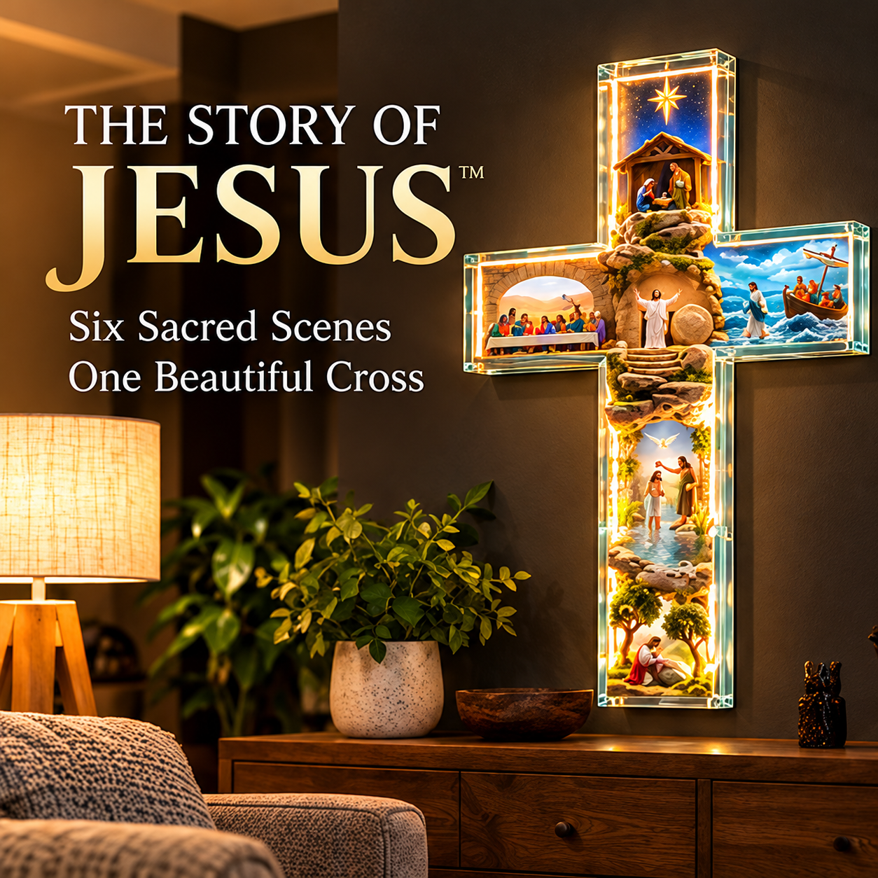 The Story of Jesus illuminated cross