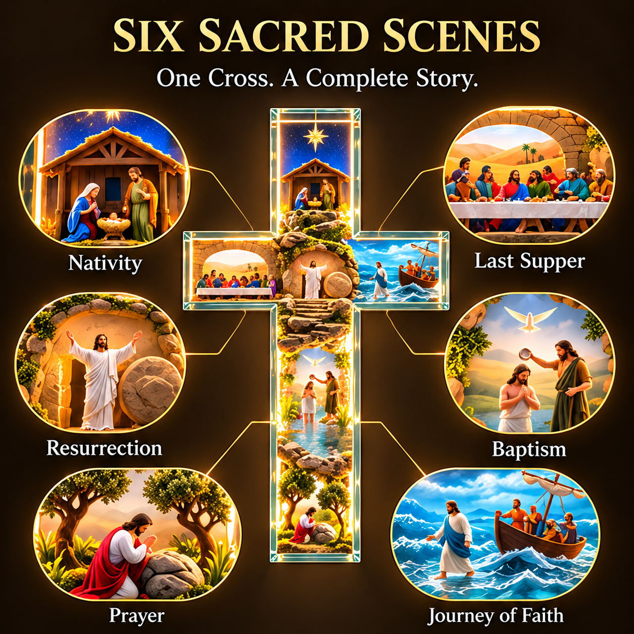 Six biblical scenes within the illuminated cross