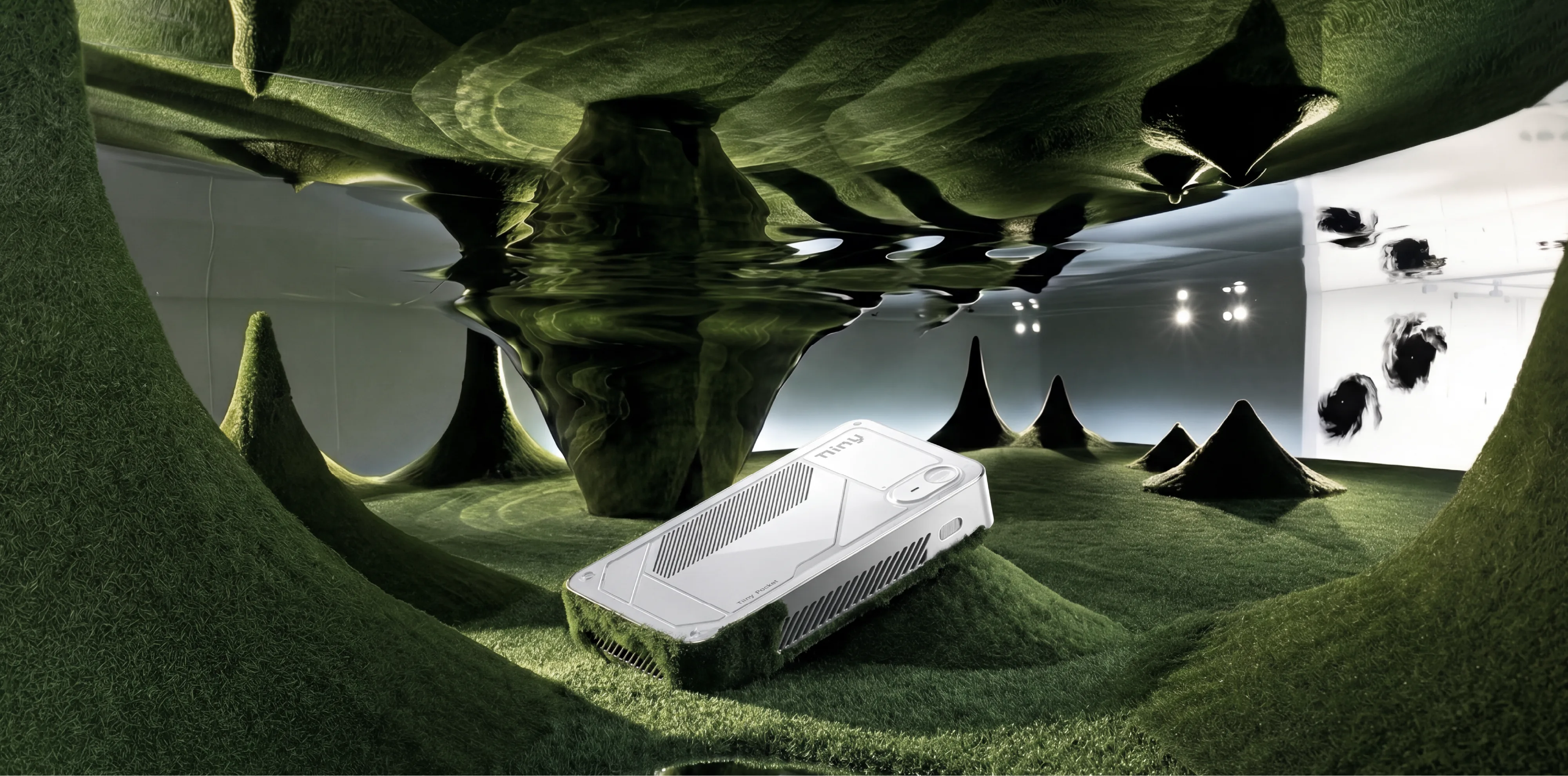 White Tiiny Pocket device in a green sculptural landscape