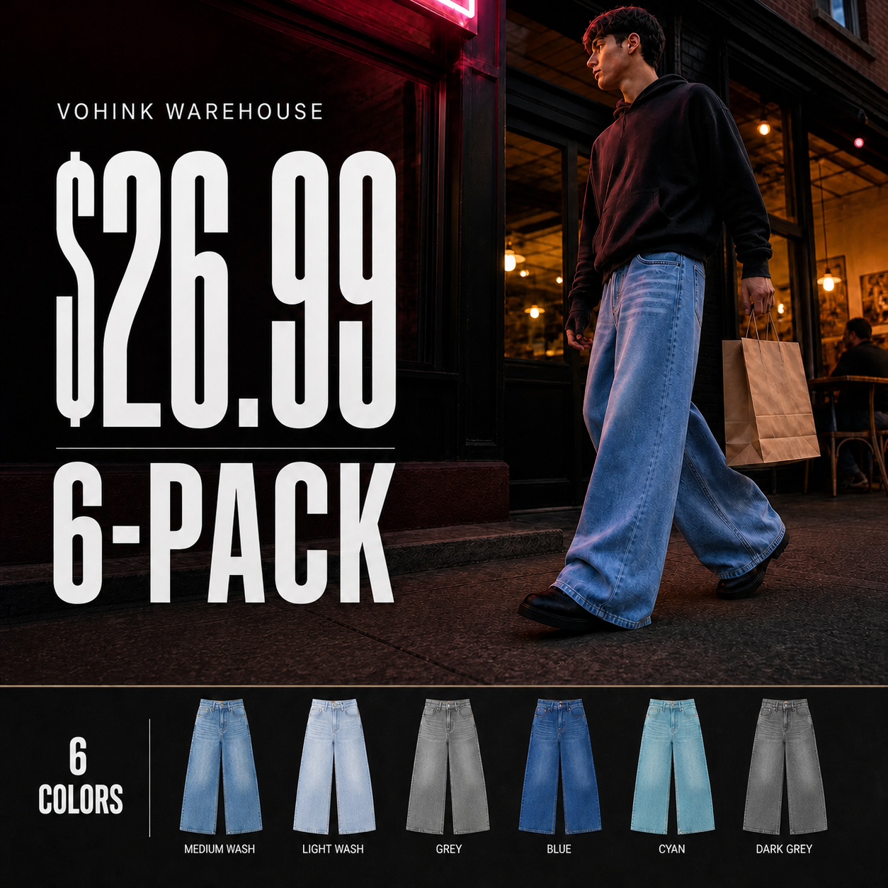Men's Vintage Wash Wide-Leg Jeans 6-Pack