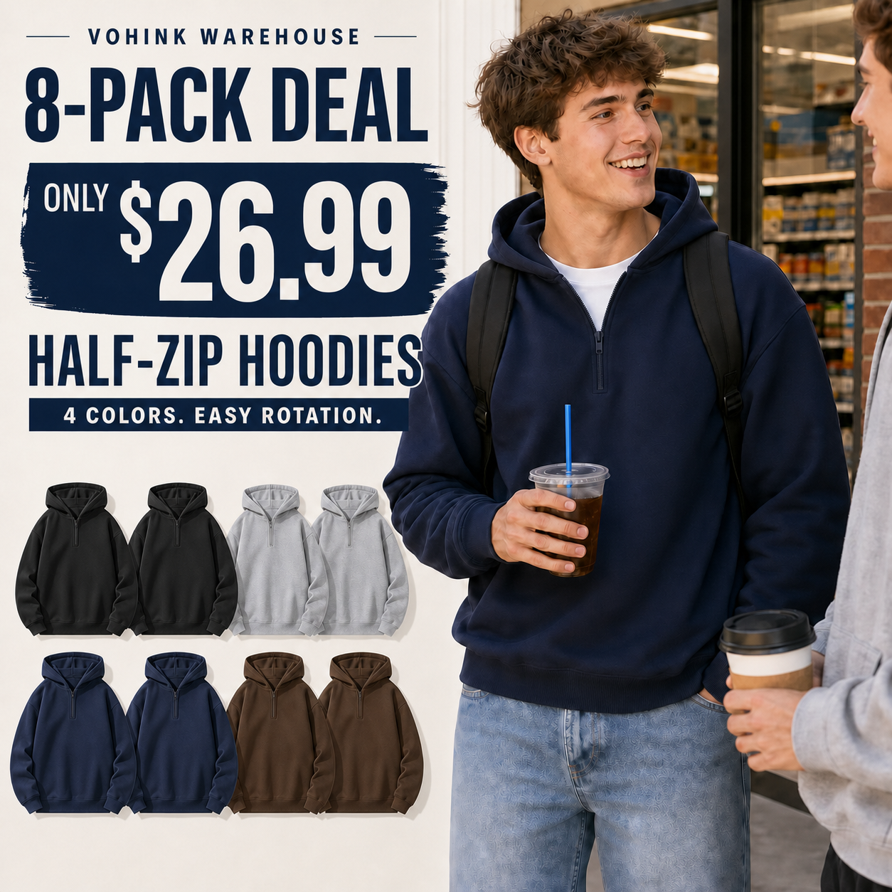 Unisex Solid Half-Zip Hoodies 8-Pack - buy more save more 8 pack