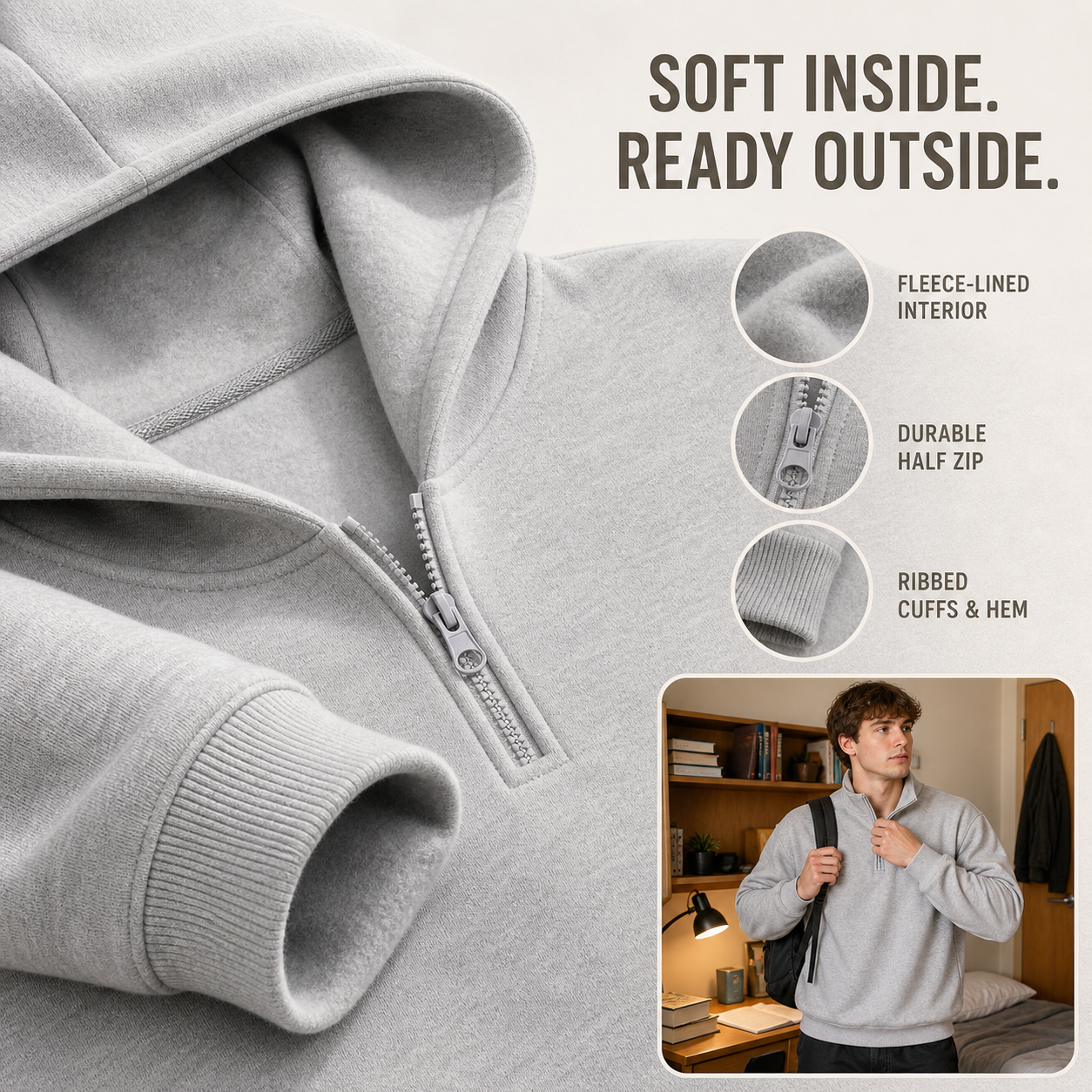 Unisex Solid Half-Zip Hoodies 8-Pack - restored fleece detail