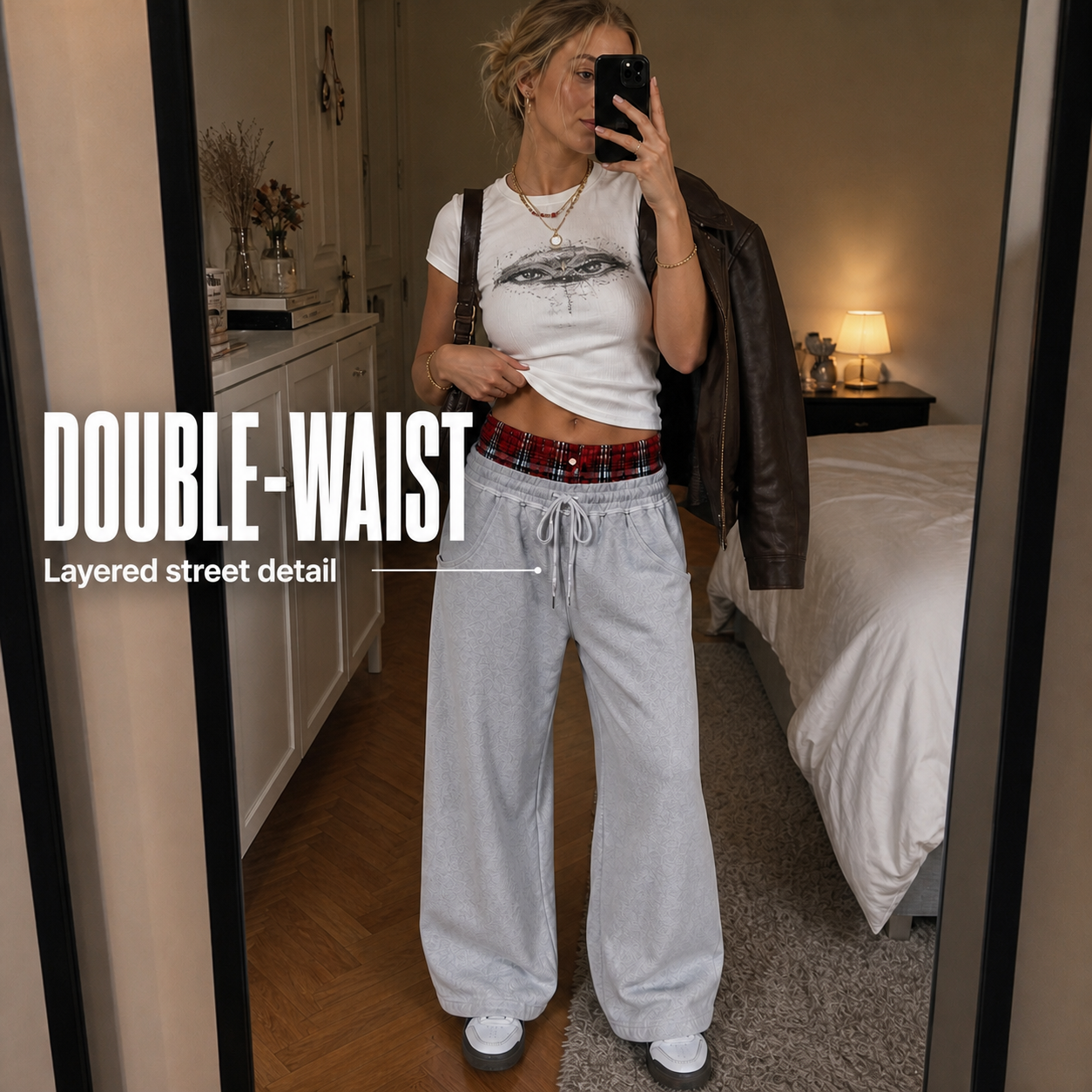 Women's Double-Waist Plaid Wide-Leg Sweatpants - Double waist