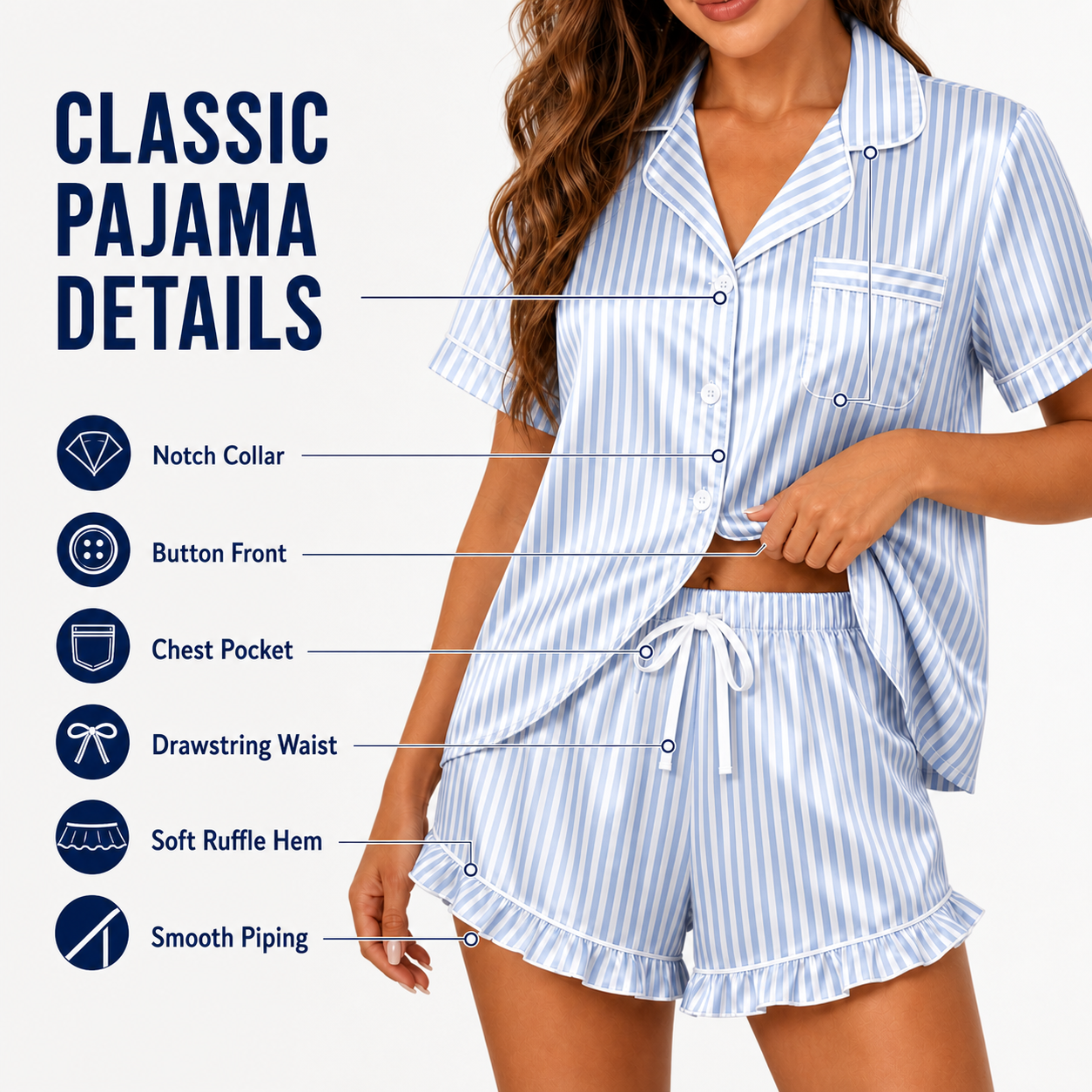 Women's Striped Short Sleeve Pajama Set Packs - classic pajama details notch collar button front pocket drawstring ruffle hem