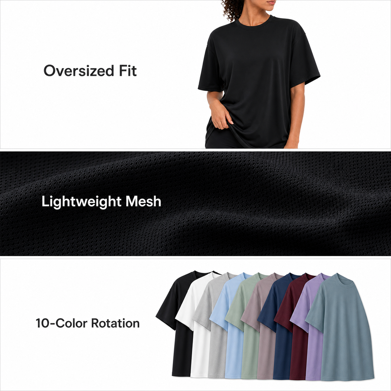 Women's Oversized Quick-Dry Workout T-Shirt Packs - three key feature panel for oversized fit lightweight mesh and color rotation