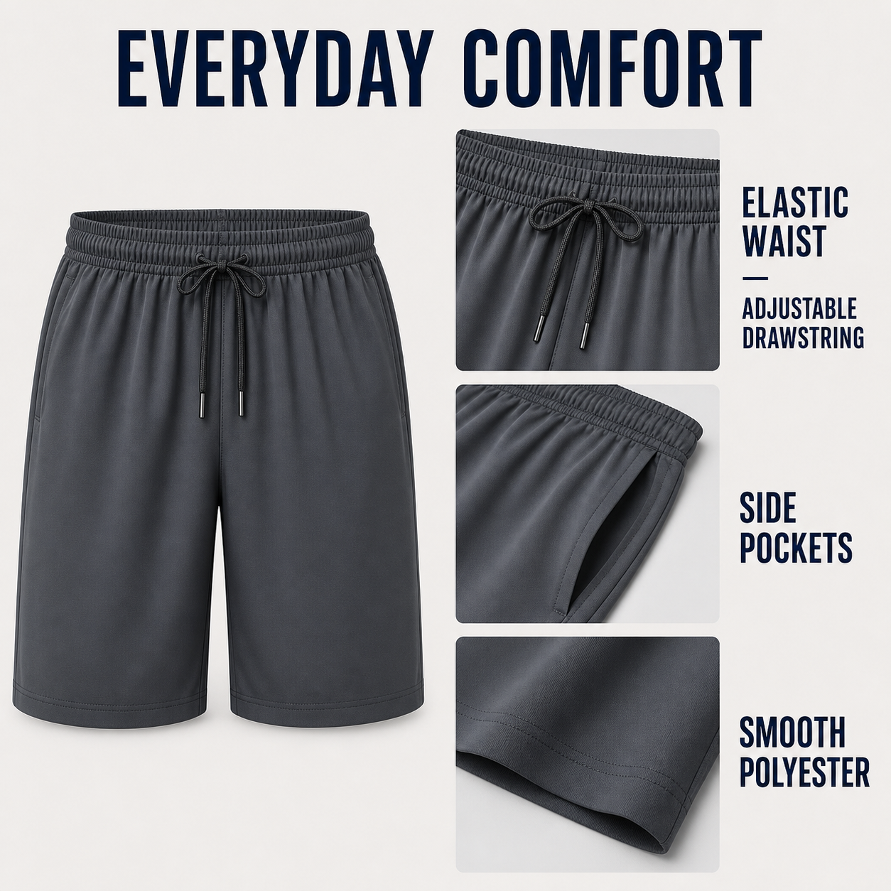 Men's 8-Piece Smooth Polyester Drawstring Athletic Shorts Set - elastic waist drawstring side pockets and smooth polyester details