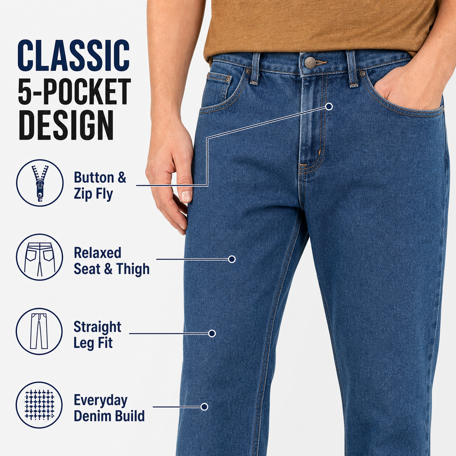 Men's Classic Relaxed Fit Denim Jeans Packs - classic five-pocket waist and fit detail