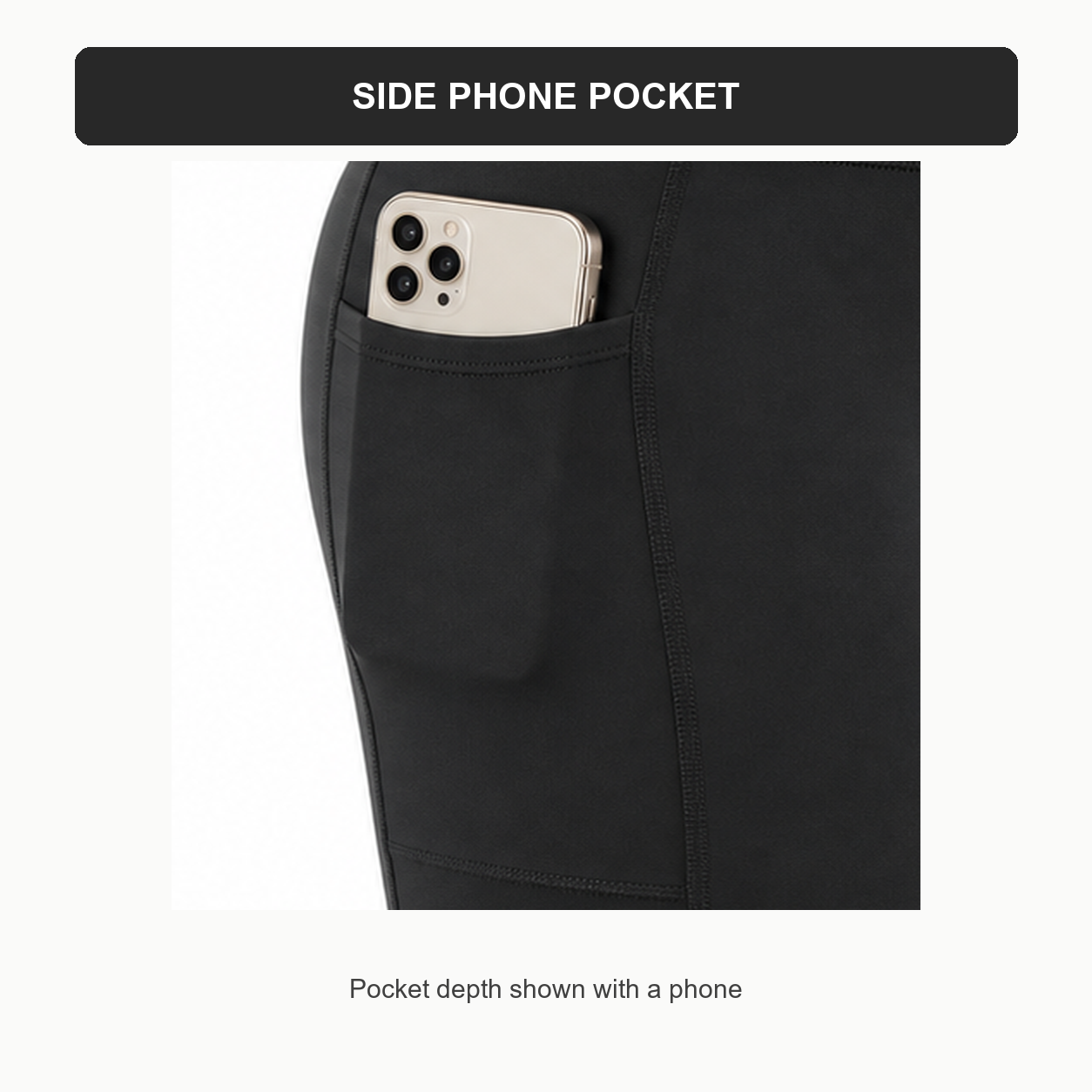 Women's High Waisted Biker Shorts with Pockets Packs - side phone pocket close-up