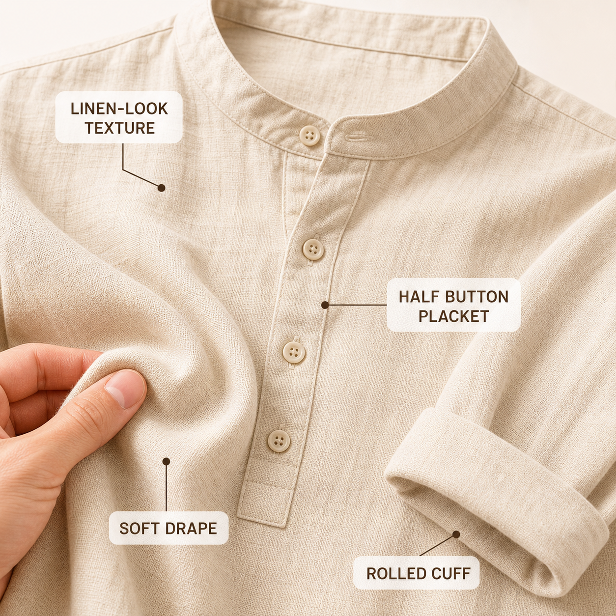 Men's Linen-Look Long Sleeve Henley Vacation Shirts Packs - detail 01 texture placket