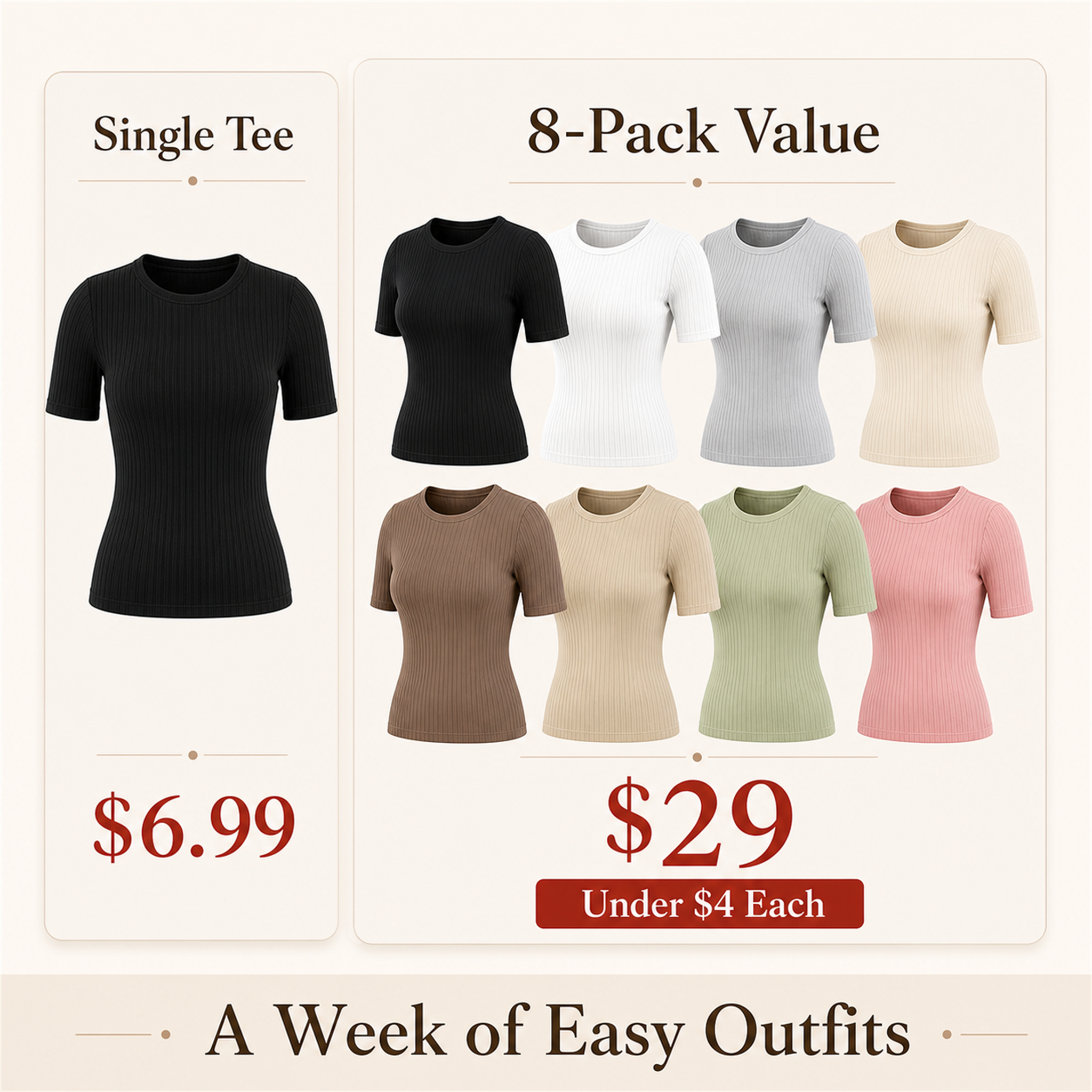Women's 8-Pack Ribbed Cotton Stretch Crew Neck T-Shirts - single tee and 8-pack value comparison