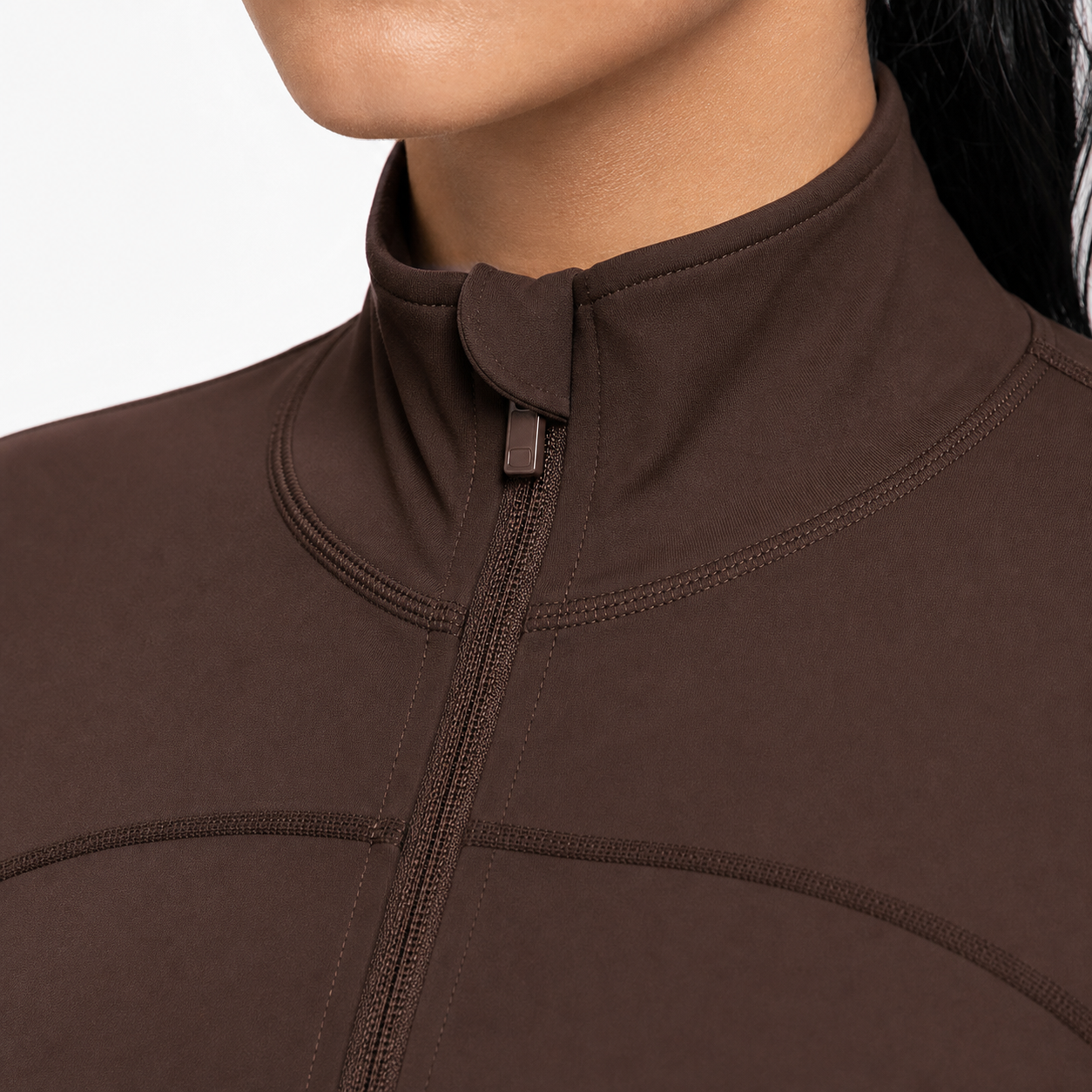 Women's Slim Fit Full Zip Jacket Packs - stand collar and zipper garage close-up