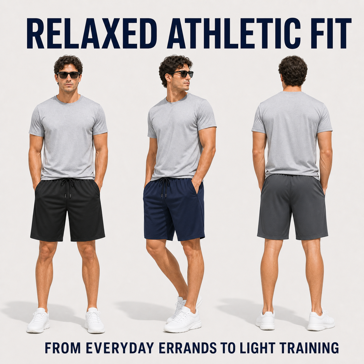 Men's 8-Piece Smooth Polyester Drawstring Athletic Shorts Set - relaxed athletic fit and everyday use views