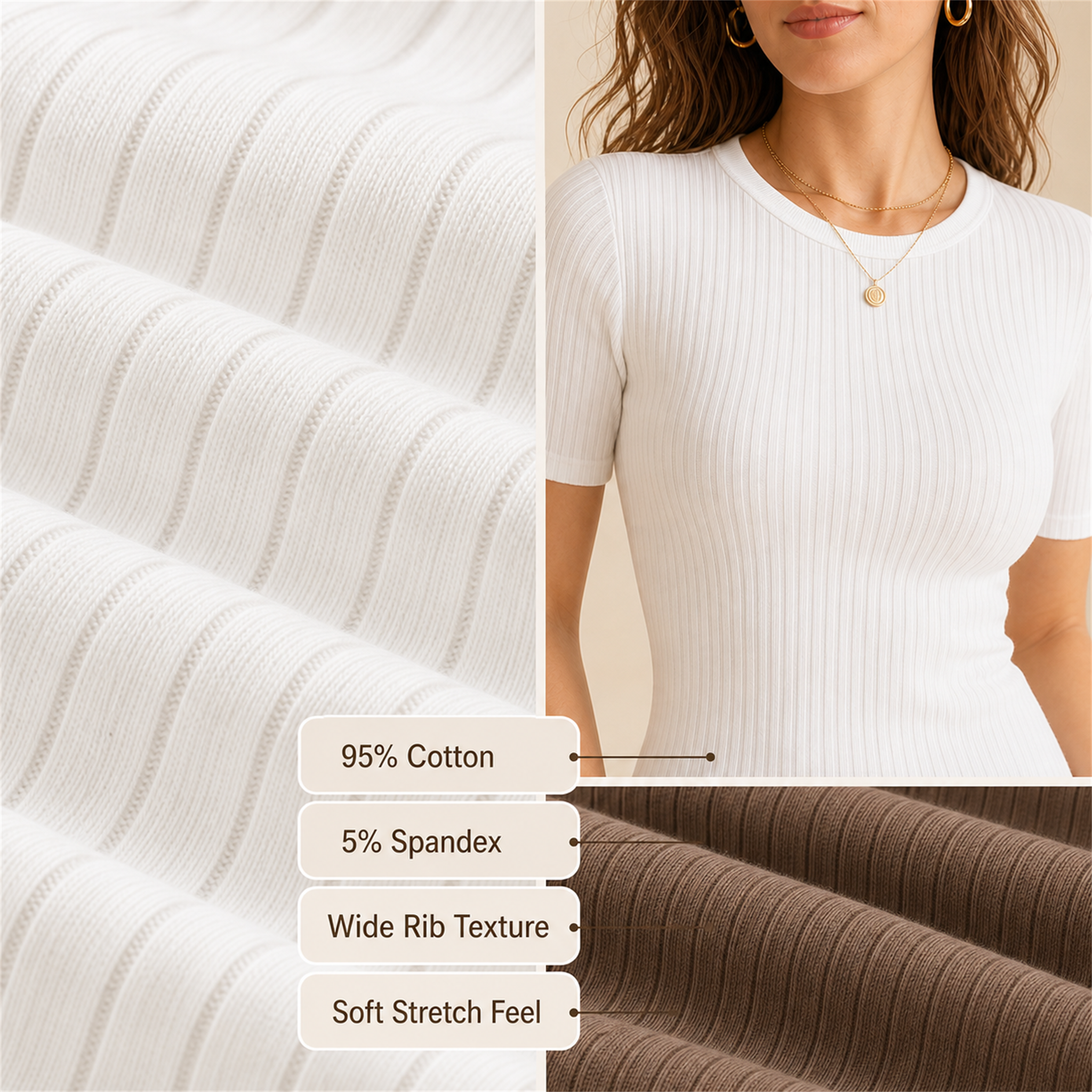 Women's 8-Pack Ribbed Cotton Stretch Crew Neck T-Shirts - wide rib cotton spandex fabric detail