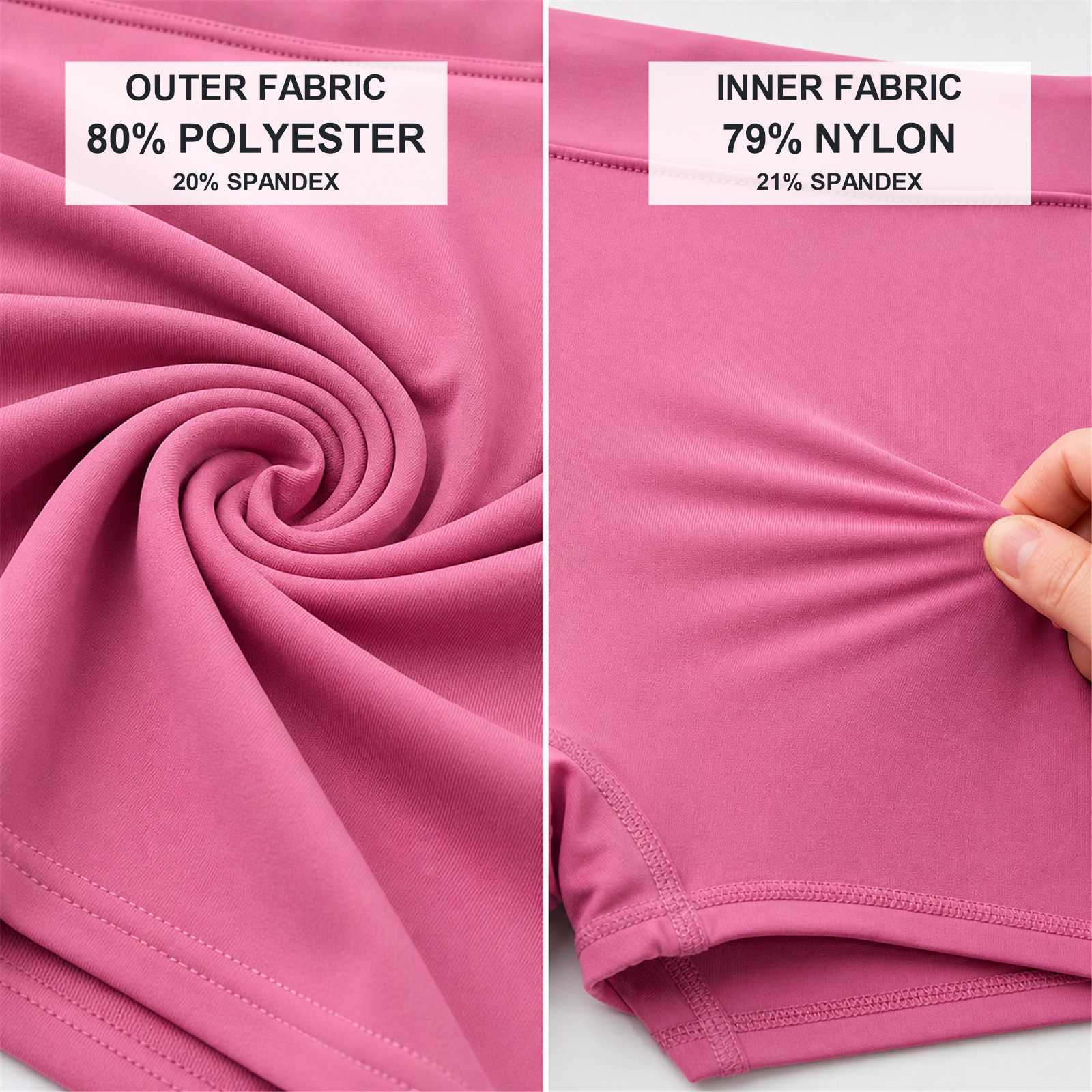 Women's 8-Pack High Waisted Tennis Skorts with Pockets - outer polyester spandex and inner nylon spandex fabric close-ups