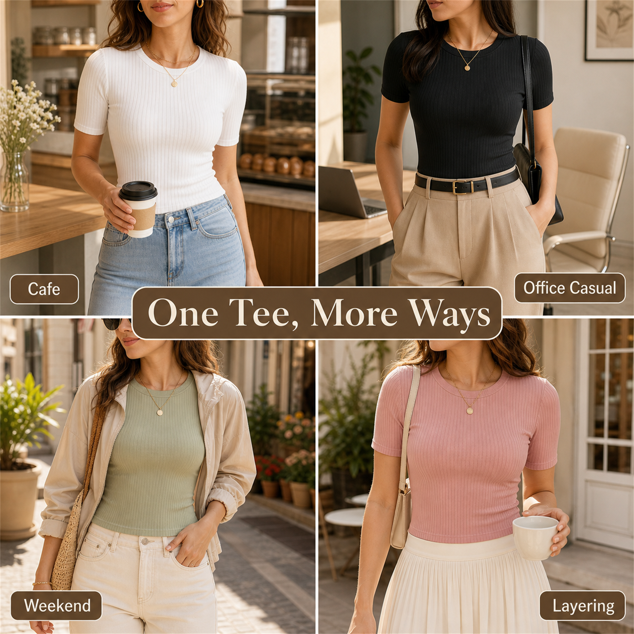 Women's 8-Pack Ribbed Cotton Stretch Crew Neck T-Shirts - everyday outfit ways for ribbed tees