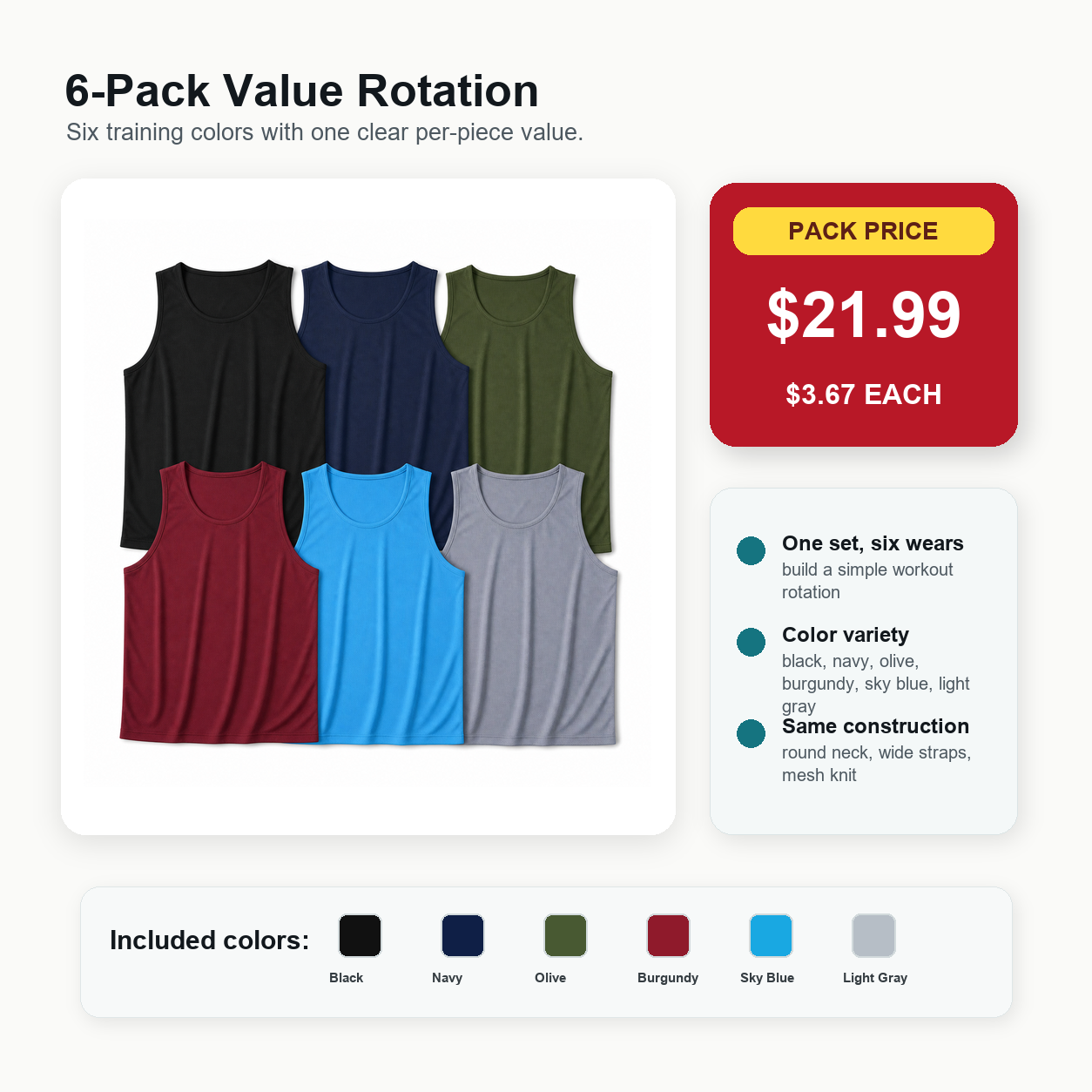 Men's Quick-Dry Workout Tank Top 6-Pack - detail 03 pack value