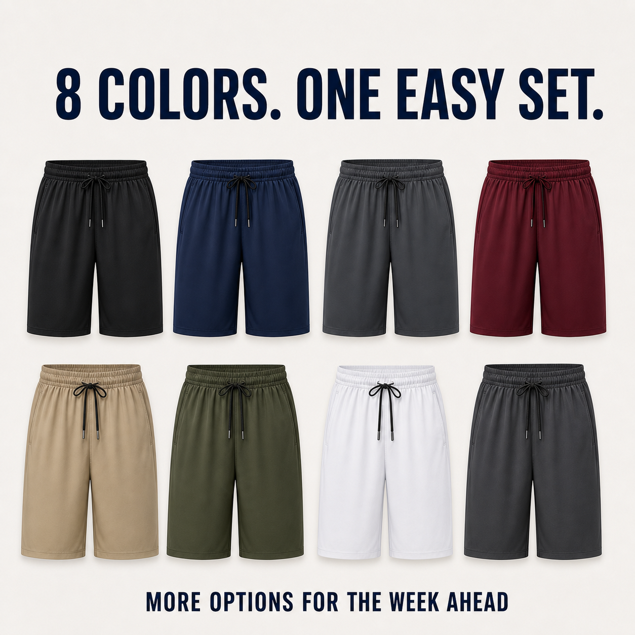 Men's 8-Piece Smooth Polyester Drawstring Athletic Shorts Set - eight-color set value overview
