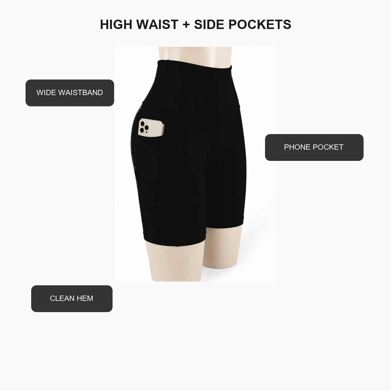 Women's High Waisted Biker Shorts with Pockets Packs - high waist side pockets and clean hem feature overview