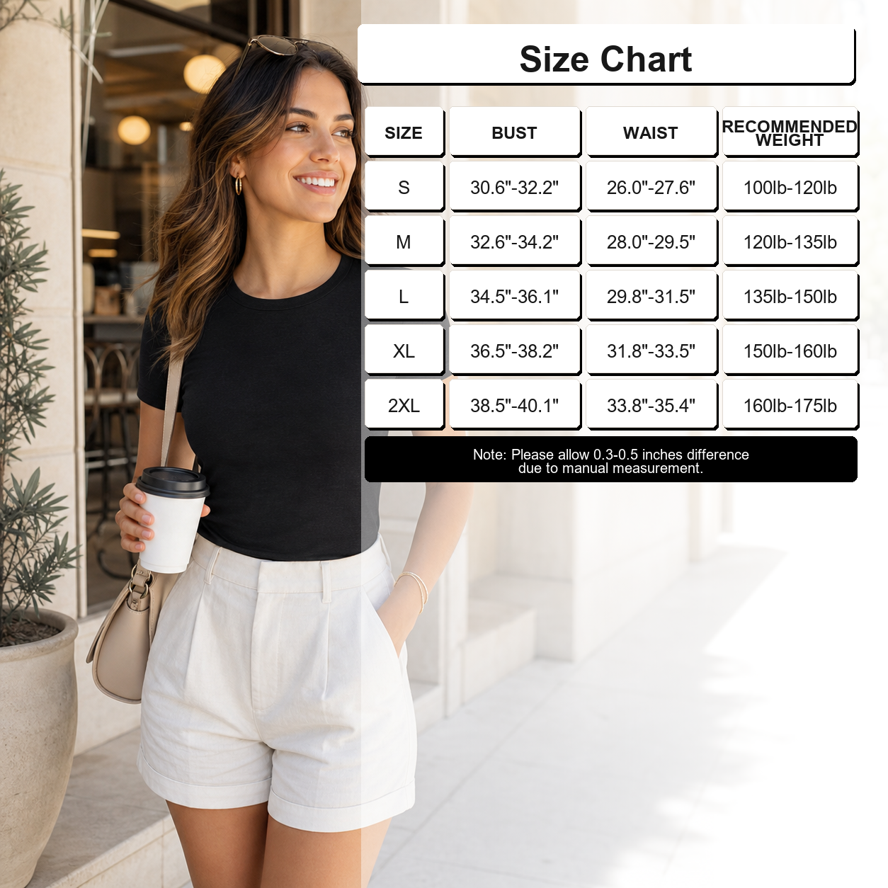 Women's Stretchy Crew Neck T-Shirt Packs - Single, 4-Pack, 8-Pack & 12-Pack - size chart from S through 2XL
