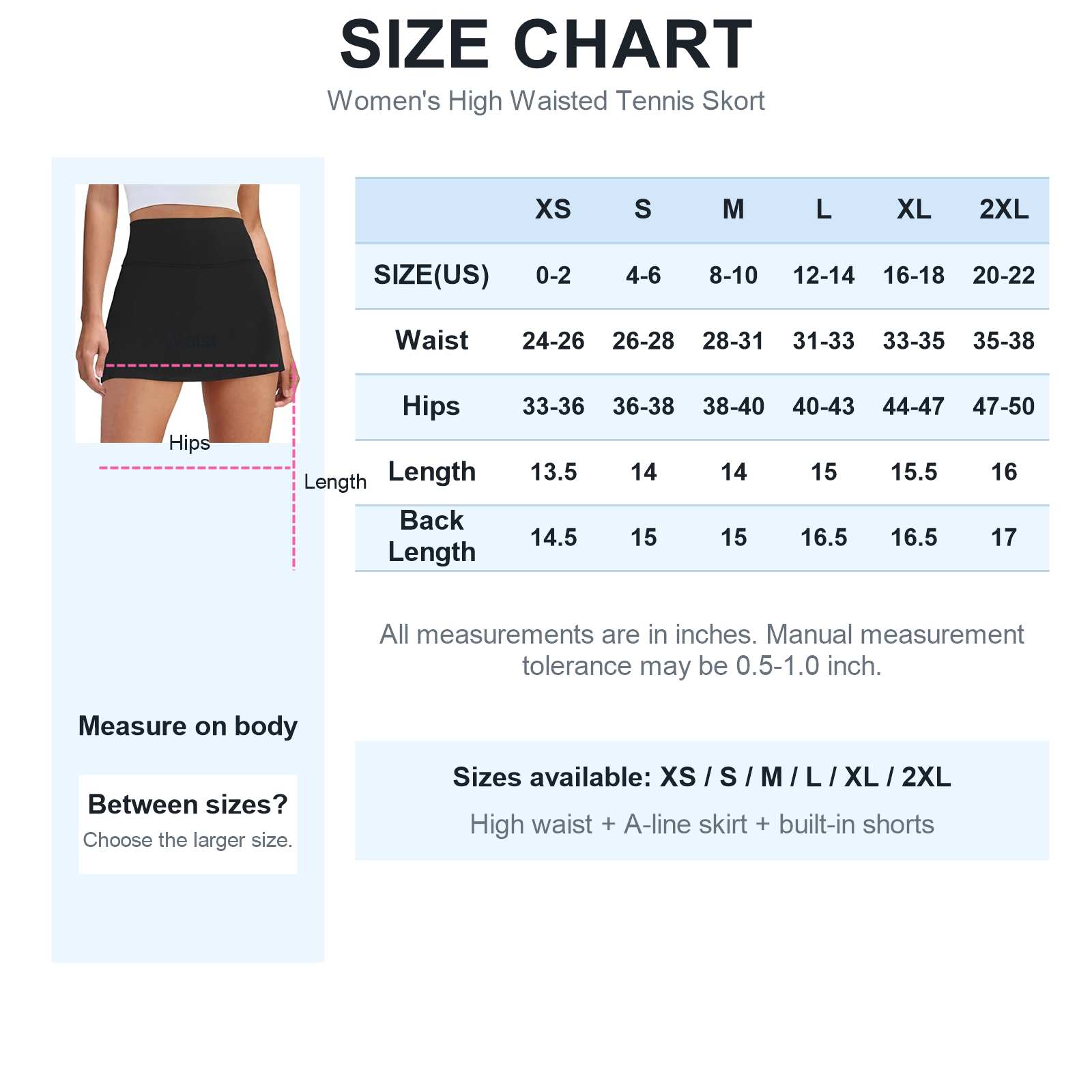 Women's 8-Pack High Waisted Tennis Skorts with Pockets - XS through XXL size and fit guide