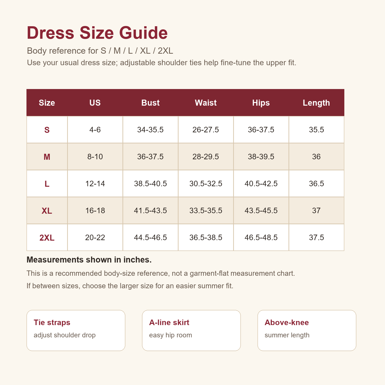 Women's 6-Pack Adjustable Tie Strap Summer Dresses - size and fit guide from S through 2XL
