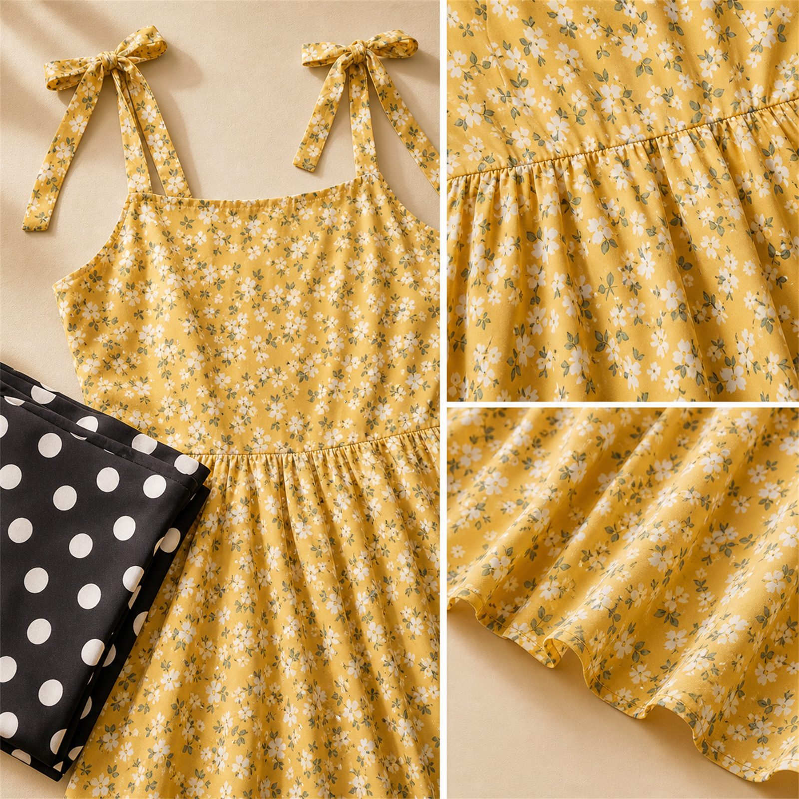 Women's 6-Pack Adjustable Tie Strap Summer Dresses - tie strap waist seam hem and print construction details