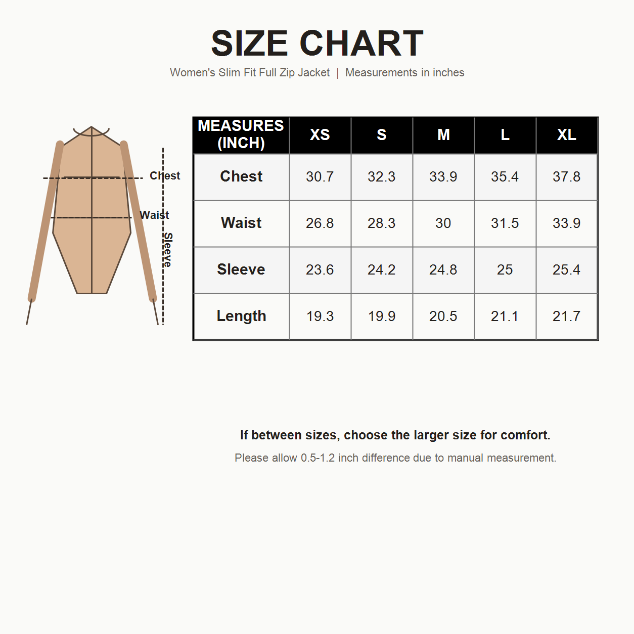 Women's Slim Fit Full Zip Jacket Packs - XS to XL jacket size chart in inches