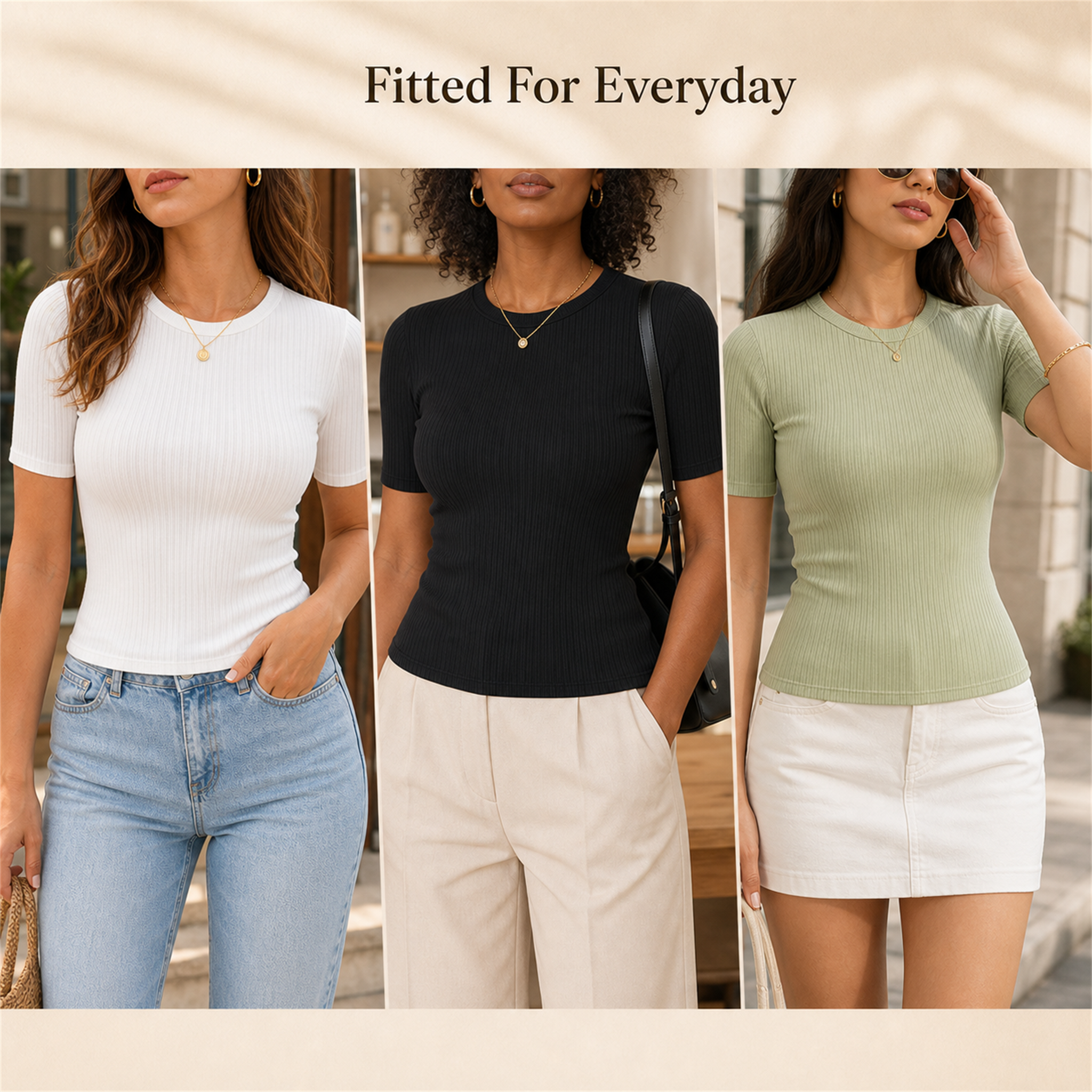 Women's 8-Pack Ribbed Cotton Stretch Crew Neck T-Shirts - three-model fit proof for fitted ribbed crew neck tees