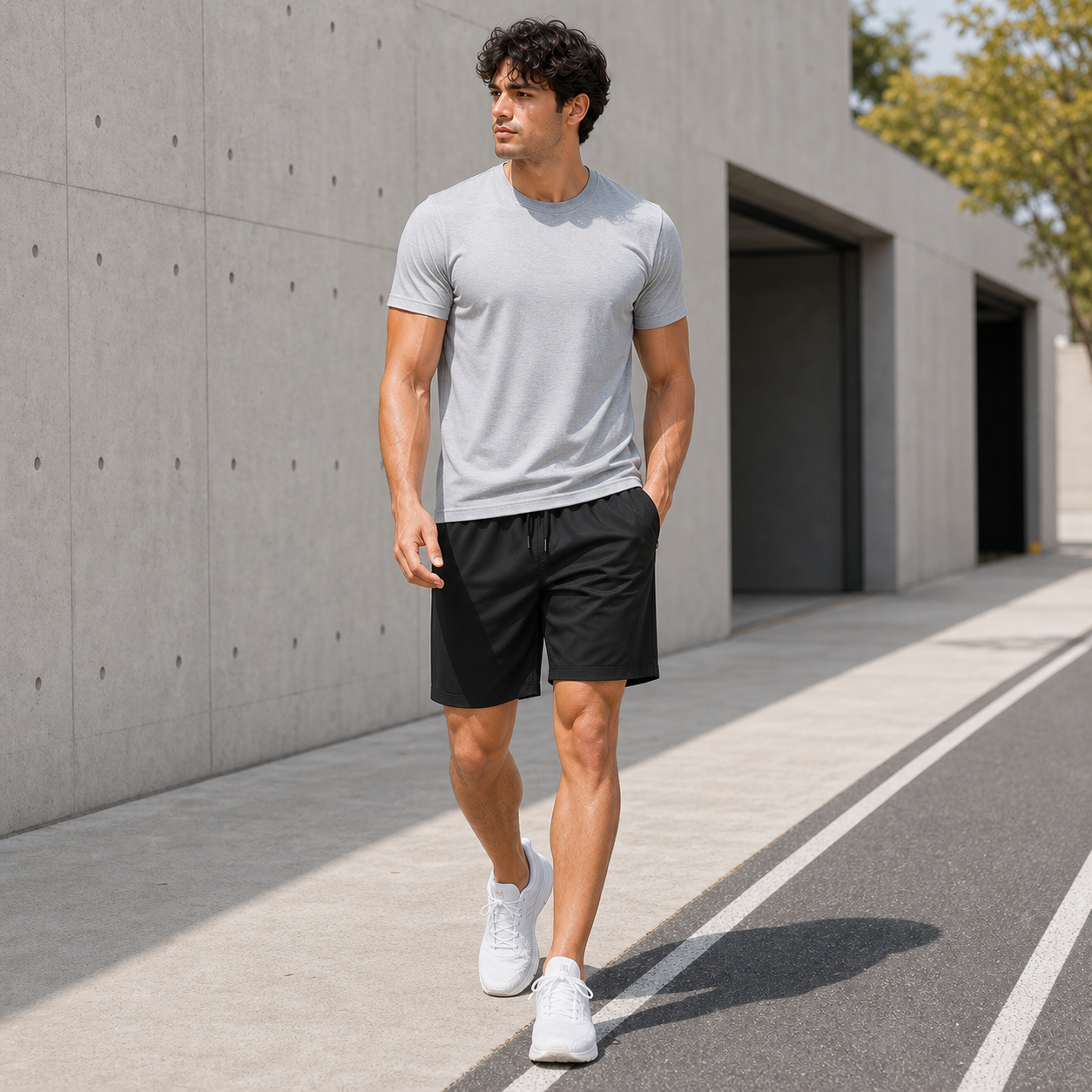 Men's 8-Piece Smooth Polyester Drawstring Athletic Shorts Set - front fit view of men's drawstring athletic shorts