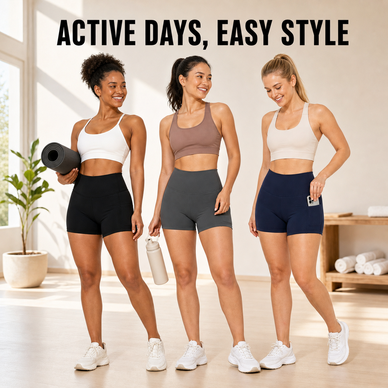 Women's High Waisted Biker Shorts with Pockets Packs - three models showing active lifestyle attitude