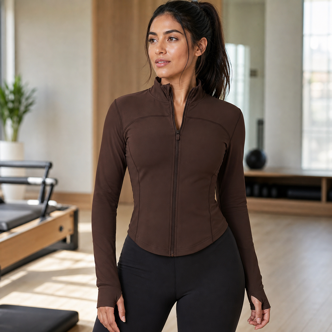 Women's Slim Fit Full Zip Jacket Packs - brown jacket front fit in a pilates studio