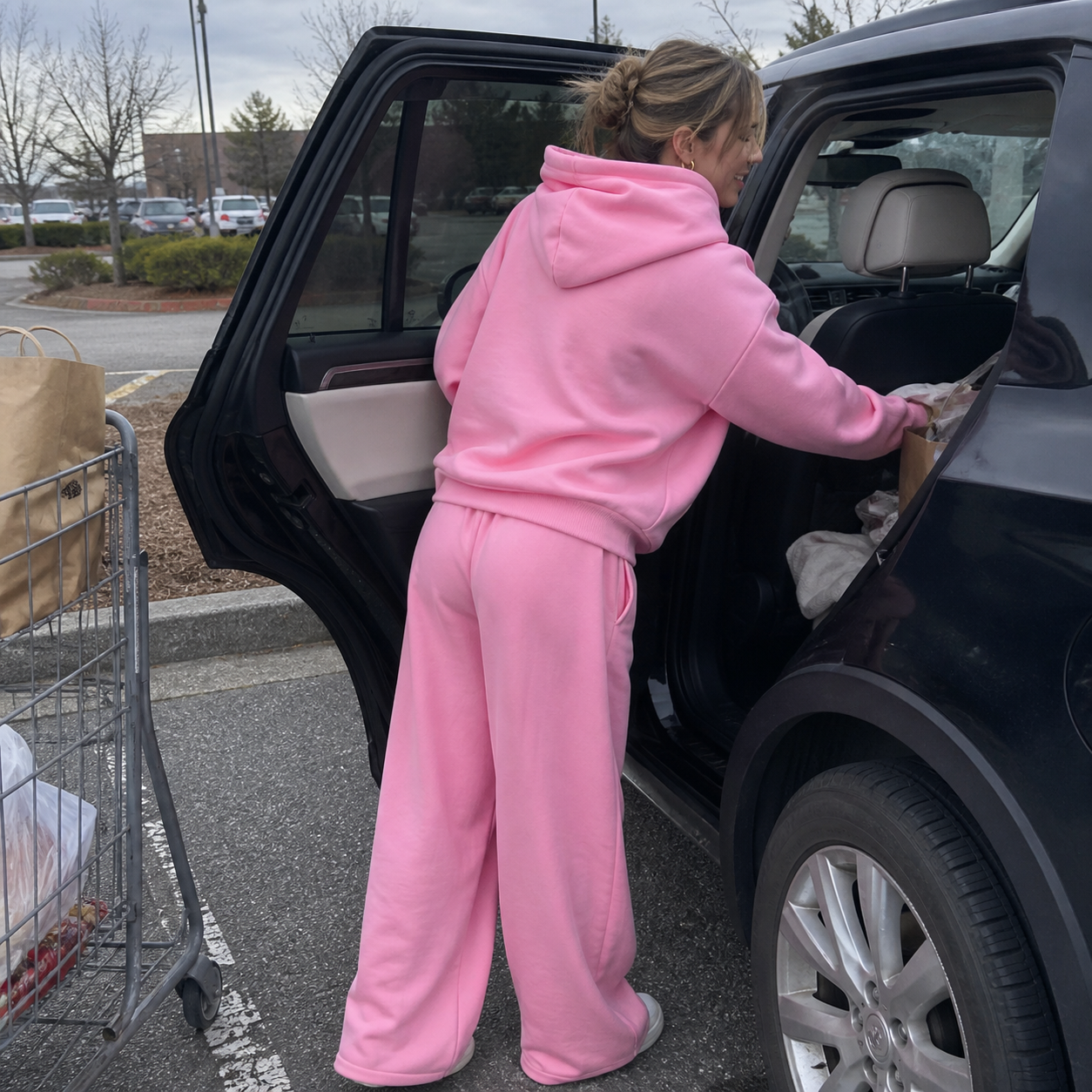 Unisex Half-Zip Hoodie and Wide-Leg Sweatpants Set - Pink, 5XL