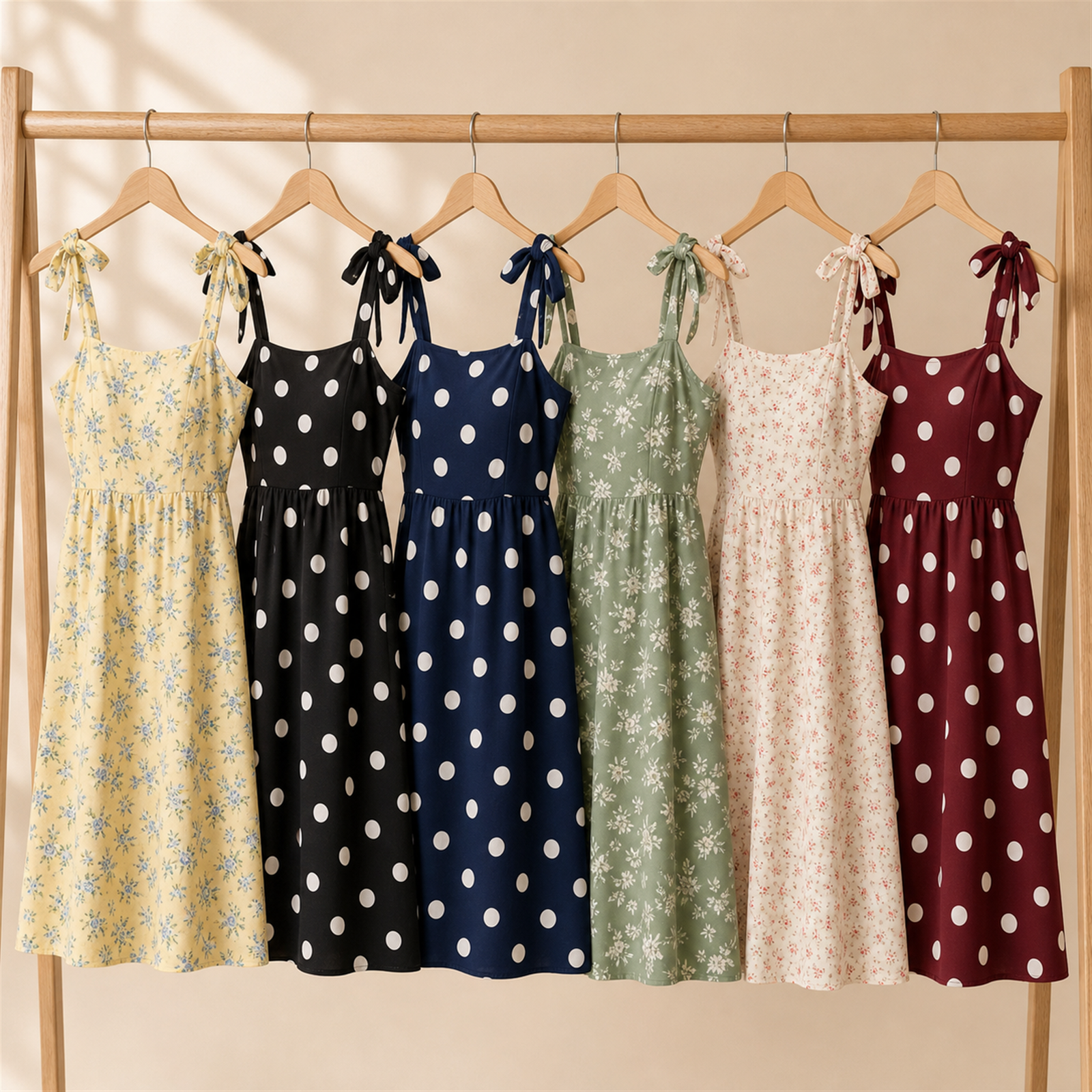 Women's 6-Pack Adjustable Tie Strap Summer Dresses - six cottage dress color and print set