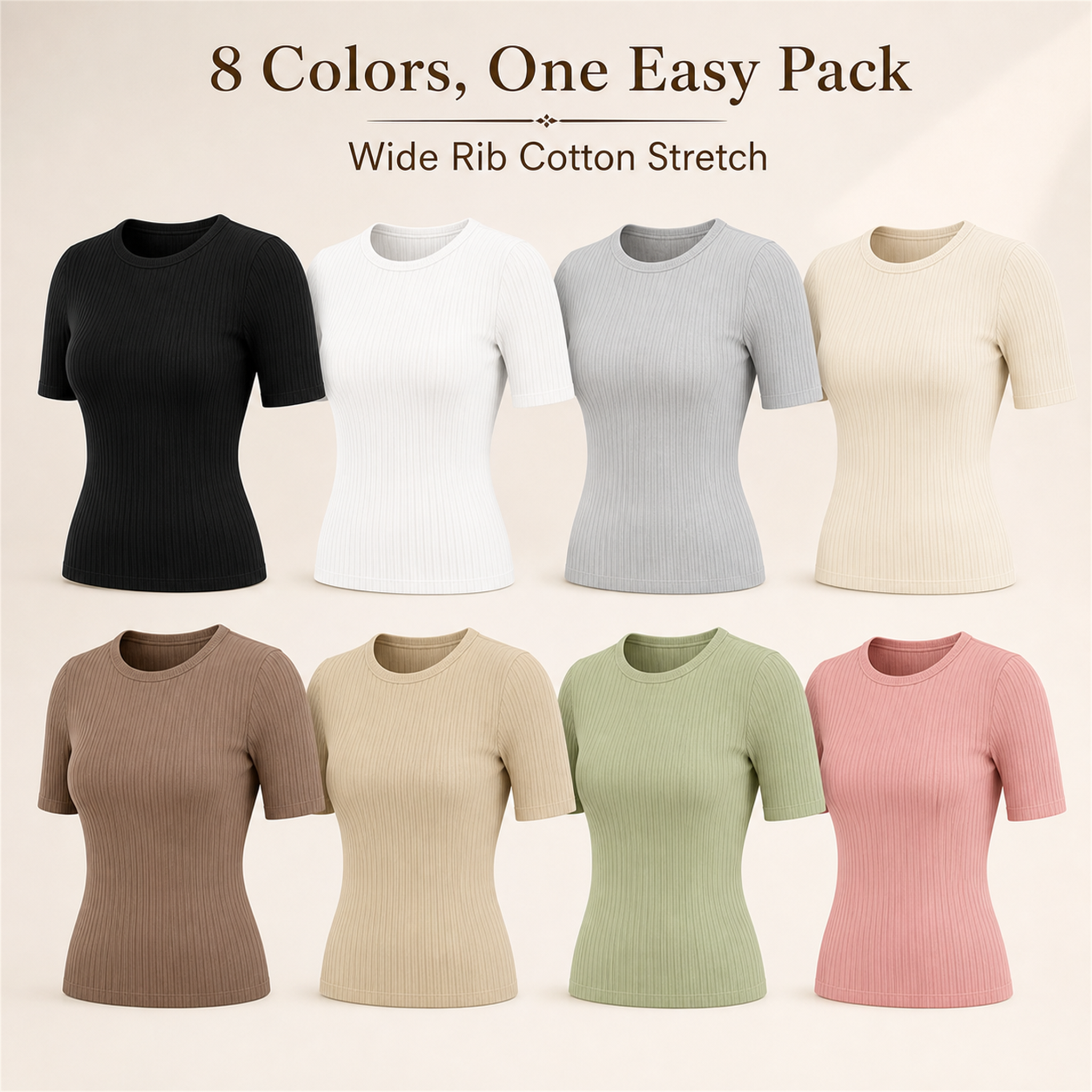 Women's 8-Pack Ribbed Cotton Stretch Crew Neck T-Shirts - eight color pack display