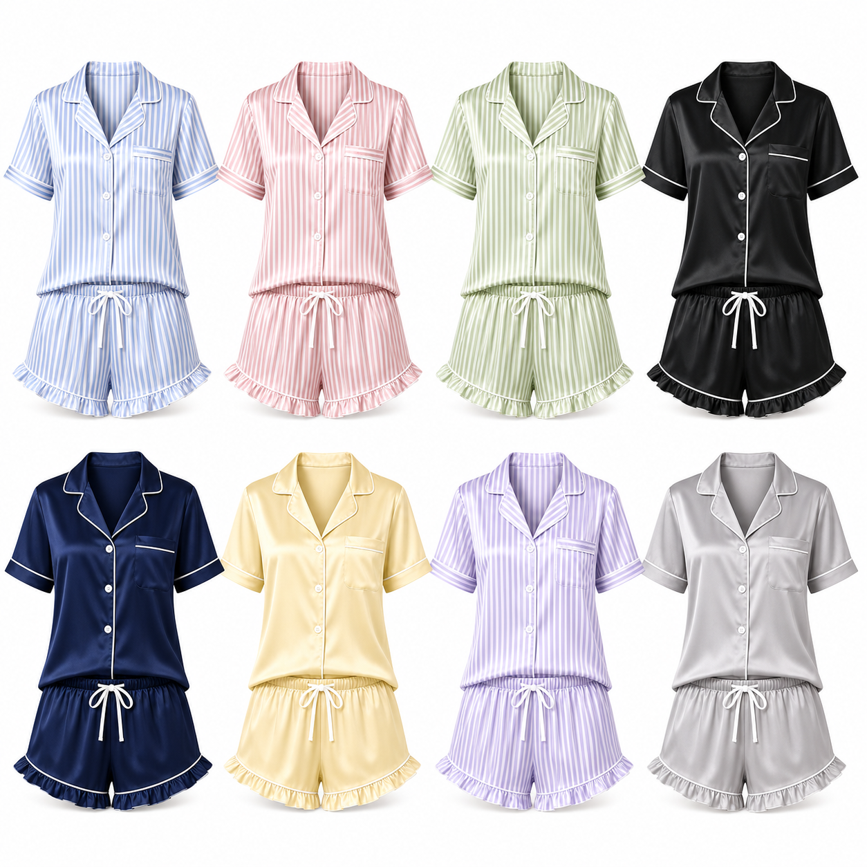 Women's Striped Short Sleeve Pajama Set Packs - all eight pajama set colors in one pack layout